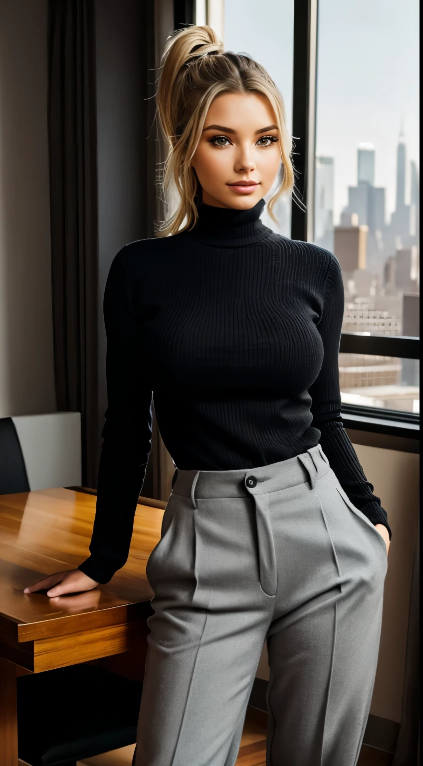 Foto hiperrealista en primer plano de Emily Sears, masterpiece, best quality, (photorealistic:1.4), full body, (black black black turtle neck sweater:1.1), (gray wide sweatepants:1.2), modern New York apartment, view from windows to New York sky light, sunny day, cinematic light, beautiful woman, skinny, large big breasts, ponytail blond hair, detailed face, smile, facing the camera, photo taken from a distance, age of 20 years old,