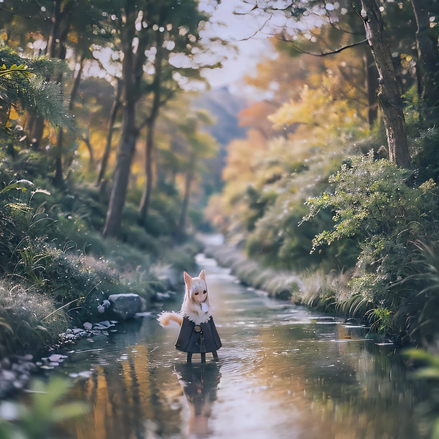 highest quality,4K,8k,High resolution,masterpiece:1.2,Very detailed,Realistic:1.37 (landscape, Fantasy),Wolf girl or Holo (anime「Spice of the Wolf」than),nude,Beautiful details,Beautiful lip detail,Long eyelashes,Pointed wolf ears,long flowing hair,loose fitting dress,wood々Standing in the quiet forest、,evening,Wood,Foggy atmosphere,Majestic mountain in the distance々,warm and soft color palette,Golden sun basking on the scene,Subtle shadows and highlights add depth,Great lighting,The subtle bokeh effect creates a dreamy atmosphere. naked