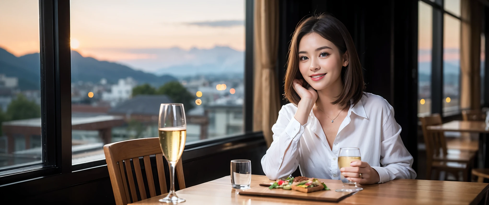 ((highest quality、8k、masterpiece:1.3))、Sharp focus:1.2、Beautiful woman perfect body:1.4、slimなボディ、((Bob Hale、Straight hair:1.2))、(to be born, highest quality, masterpiece:1.5), (Realistic, Intricate details:1.2), Ultra-high resolution, Please shine a light on my face、Amazing view of the sunset sky and clouds、Amazing mountain views、ニコニコ明るいsmile、wine glass、red wine 、Appetizers、Italian food、Wine bottle、Champagne、sparkling wine、, Beautiful Face, blue eyes, The light shines on your face, Blushing, short hair,Bright Face、Fox face、 (36 years old), 39 years old, Lady、Two beauties、Brown Hair、Shortcuts、Long sleeve shirt、dress、Pretty Woman 1, (slimな顔), (The body is slim), (Brown Hair), (Shortcuts), cheeks turn a little red,Attractive beauty、, Out of the window, A beautiful and detailed night view unfolds.........., restaurant, In a prominent place (From the waist up) Nova Frog Style, actress, model, Upper Body, White wine, slim, wine glass, 真ん中に置かれたwine glass, smile, (smile: 1.15), Beautiful fine grain, Depth f/2,saturation, High Contrast, Strong light and shadow,Moist Body:1.5、3D texture、Delicate eyes、Brown Hair、The hair is very shiny、