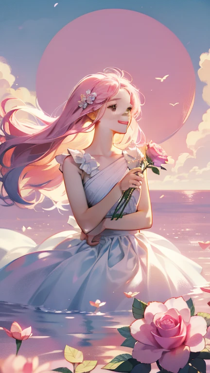 An 18 year old girl is wearing a pink rose, long hair, white sleeveless dress, holding a pink rose. Smelling the fragrance of the flower, bright fantasy, surrealism, Michael Cormac, pink, monochromatic tranquility, bright atmosphere, sunshine, happiness, happiness, and a smile,