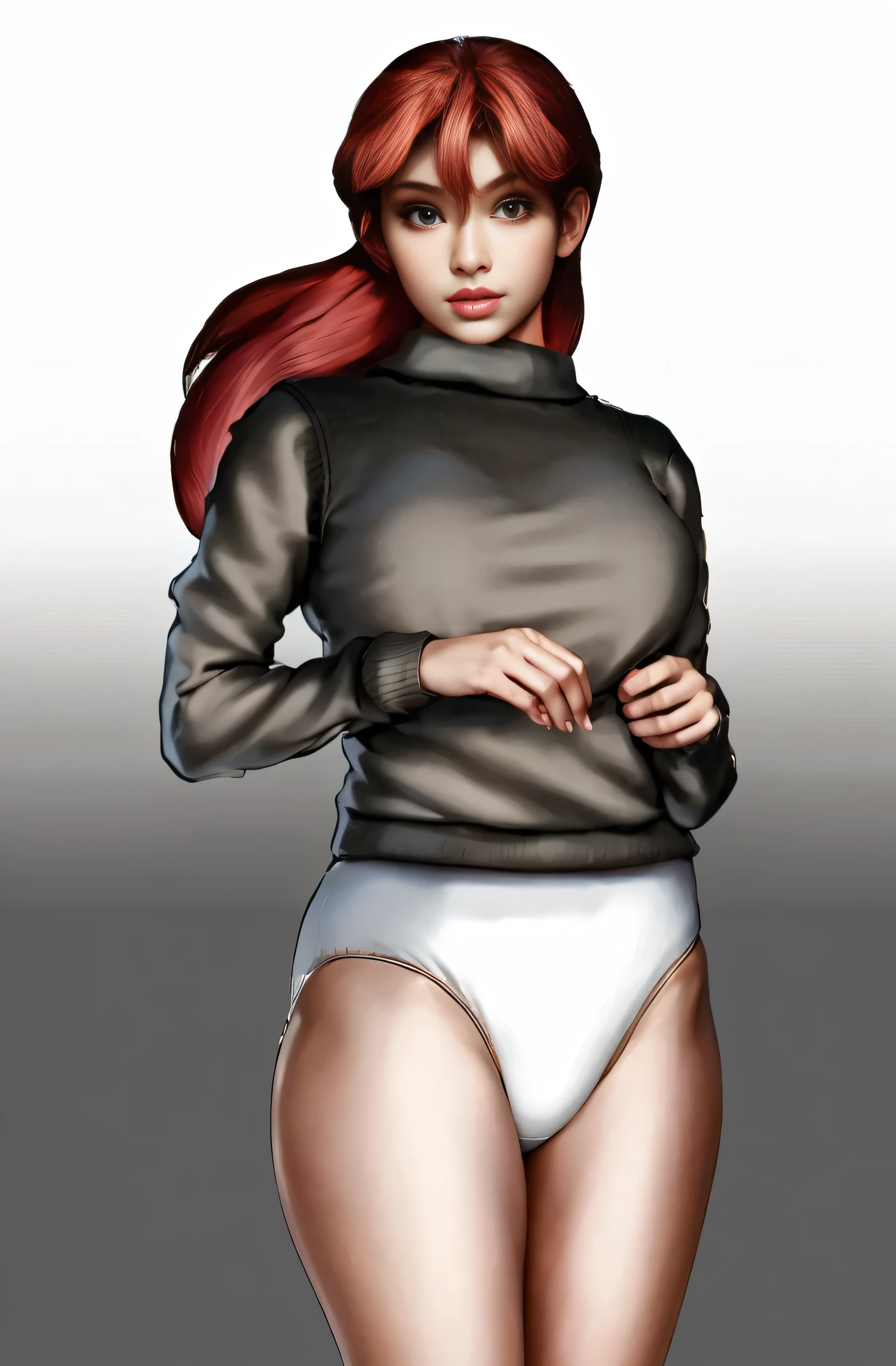 ((masterpiece, best quality)), ((((perfect anatomy)))), (((Curvy))), ((Latina with long red hair)), in ((white cotton high cut panties)), ((beige sweater)), ((wide hips)), (standing in front of a gradient screen), smirking, (((realistic art style)))