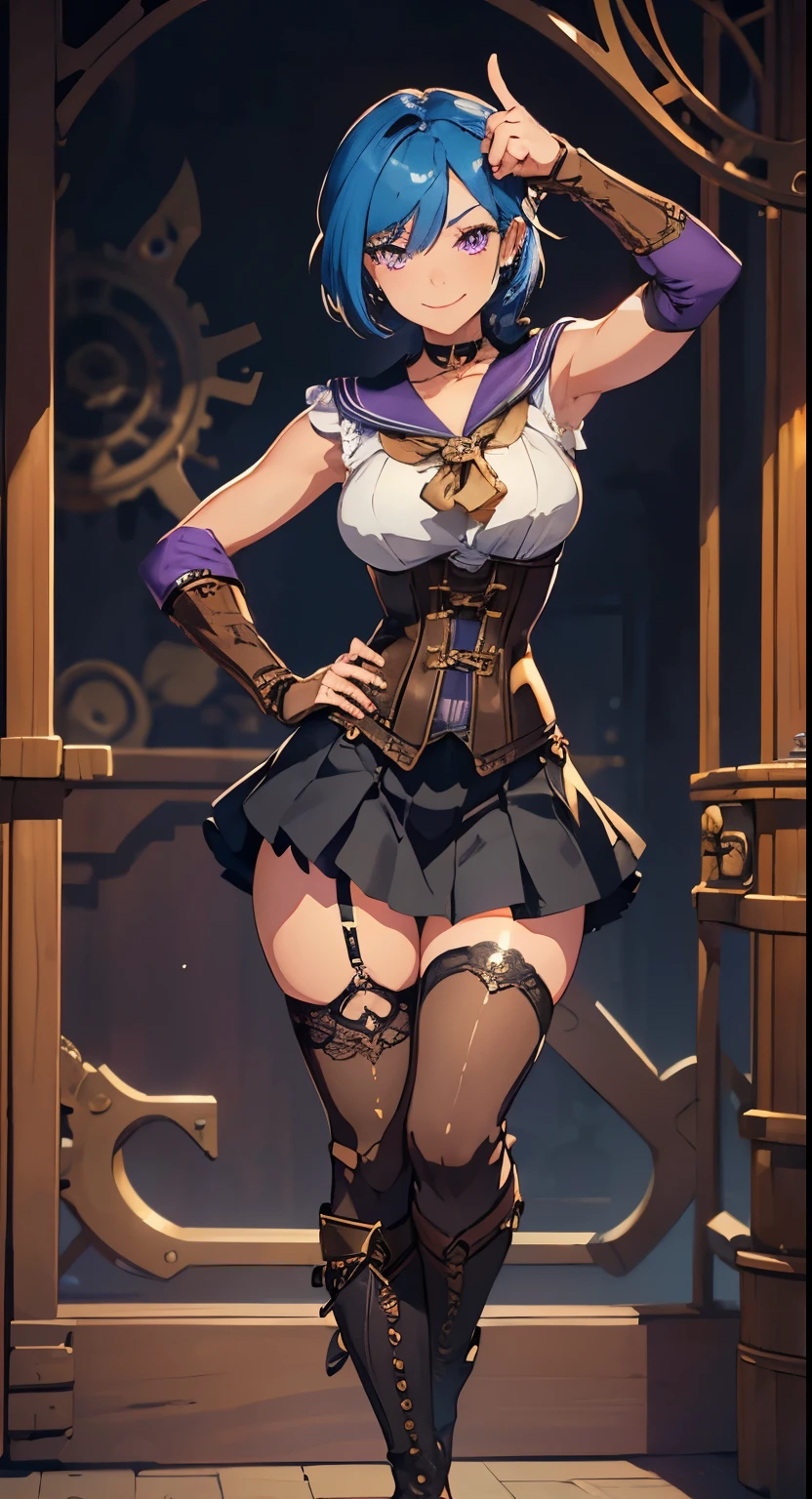 masterpiece, high quality, illustration, extremely detailed, steampunk town, standing, 1_women, (full body), (bright blue hair), medium length hair, cute bangs, flowing hair, (exotic skin_complexion:1.4),mature, tall, (hand on hip), (giving thumbs up), beautiful, exotic, elegant, slim, (((sailor collar))), sleeveless, black thigh highs, choker, medium bust, (brown steampunk corset), black ta style skirt, knee high brown boots with laces, black elegant elbow gloves, diamond shaped eyes, (((purple eyes))), dark_eyeliner, long_eyelashes), natural dynamic lighting, smiling, (smirk), happy, (((winking at viewer))), steampunk