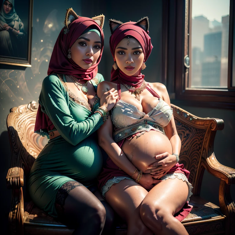 Two:2 Malaysian girl pregnant 9 month ,malay, The whole body consists of a young girl with hijab, Eye makeup, 55 year old model, Cat ears, Soft lighting, Solo, Wear shabby clothes, Dirty, Tattered futuristic military uniform, Cat's paw badge, Pose, spot color, rendering by octane, Ultra-realistic intricate details, Cinematic, 8K resolution, 70mm, emphasis lightings, (((2 girls:1.5, pregnant Gorgeous artsy women holding teddy bear sitting down in chairs))) Setting background: Basquiat graffiti wall background,Graffiti artist, urban walls, spray paint cans, bold colors, rebellious strokes, street gallery, artistic , night shadows, public expression, aerosol mastery, layered stencils, cultural messages, graffiti tags, creative risks, vibrant visuals, underground recognition, impactful designs, urban transformation. Art by Mschiffer, (((Woman with hijab style, hijab with sexy dress)), (lace stockings), (((Wearing: diamond necklace and earrings))). RAW photo, full sharp, detailed face (high detailed skin:1.2), 8k uhd, dslr, soft lighting, high quality, film grain, Fujifilm XT3, (extremely beautiful face, sexy lips, beautiful red lips, Clear eyes, beautiful eyes), (big green eyes), pretty girl, face forward, intricate detail face, ((ultra detailed skin)) (skin texture, film grain), Detailed beautiful face, natural tpose, natural facial expression, (((Straight breasts))), Surreal full-body figure, Beautiful and delicate body and face, gorgeous figure, ssmile, Titillating,Surreal full-body figure,Beautiful and detailed body and face, Super vista, White skin of the, vivd colour,🔥8k, masterpiece, RAW photo, best quality, (18k detail:1.2), photorealistic, extremely, deep shadow, earrings, bracelets, necklace,