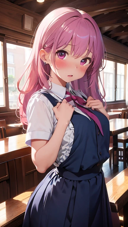 masterpiece、highest quality、Very detailed、8k CG、
Photograph the upper body、1 female、(Put your arms behind your back:1.2)、Are standing、Turn your body forward、View your viewers、(Blue waitress uniform)、blush、shy、(trembling:1.2)、Pink Hair、Open your mouth、restaurant、
