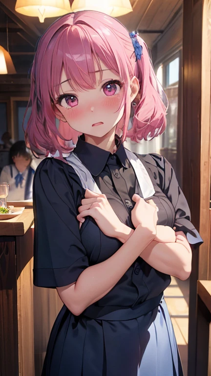 masterpiece、highest quality、Very detailed、8k CG、
Photograph the upper body、1 female、(Put your arms behind your back:1.2)、Are standing、Turn your body forward、View your viewers、(Blue waitress uniform)、blush、shy、(trembling:1.2)、Pink Hair、Open your mouth、restaurant、