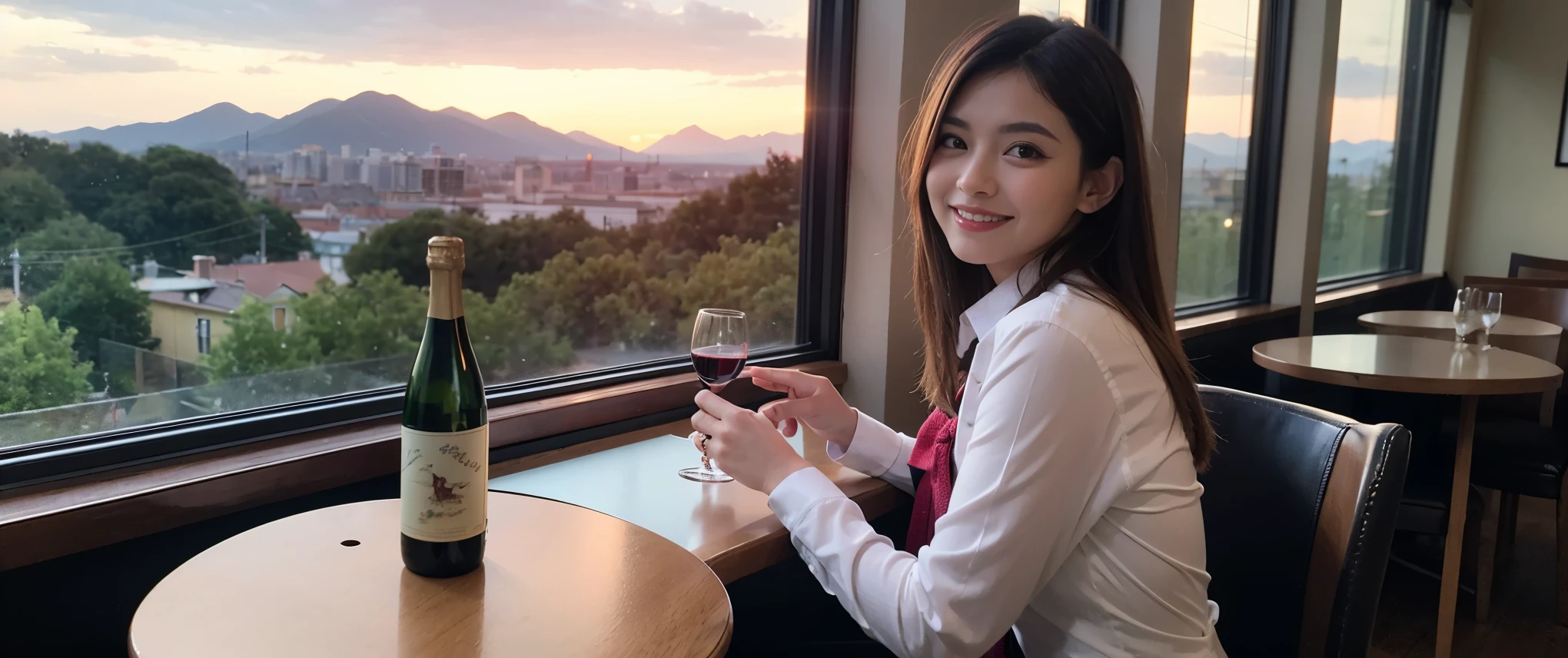 ((highest quality、8k、masterpiece:1.3))、Sharp focus:1.2、Beautiful woman perfect body:1.4、slimなボディ、((Bob Hale、Straight hair:1.2))、(to be born, highest quality, masterpiece:1.5), (Realistic, Intricate details:1.2), Ultra-high resolution, Please shine a light on my face、Amazing view of the sunset sky and clouds、Amazing mountain views、ニコニコ明るいsmile、wine glass、red wine 、Appetizers、Italian food、Wine bottle、Champagne、sparkling wine、, Beautiful Face, blue eyes, The light shines on your face, Blushing, short hair,Bright Face、Fox face、 (36 years old), 39 years old, Lady、Two beauties、Brown Hair、Shortcuts、Long sleeve shirt、dress、Pretty Woman 1, (slimな顔), (The body is slim), (Brown Hair), (Shortcuts), cheeks turn a little red,Attractive beauty、, Out of the window, A beautiful and detailed night view unfolds.........., restaurant, In a prominent place (From the waist up) Nova Frog Style, actress, model, Upper Body, White wine, slim, wine glass, 真ん中に置かれたwine glass, smile, (smile: 1.15), Beautiful fine grain, Depth f/2,saturation, High Contrast, Strong light and shadow,Moist Body:1.5、3D texture、Delicate eyes、Brown Hair、The hair is very shiny、