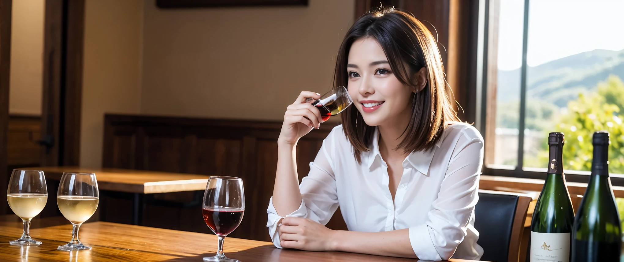 ((highest quality、8k、masterpiece:1.3))、Sharp focus:1.2、Beautiful woman perfect body:1.4、slimなボディ、((Bob Hale、Straight hair:1.2))、(to be born, highest quality, masterpiece:1.5), (Realistic, Intricate details:1.2), Ultra-high resolution, Please shine a light on my face、Amazing view of the sunset sky and clouds、Amazing mountain views、ニコニコ明るいsmile、wine glass、red wine 、Appetizers、Italian food、Wine bottle、Champagne、sparkling wine、, Beautiful Face, blue eyes, The light shines on your face, Blushing, short hair,Bright Face、Fox face、 (36 years old), 39 years old, Lady、Two beauties、Brown Hair、Shortcuts、Long sleeve shirt、dress、Pretty Woman 1, (slimな顔), (The body is slim), (Brown Hair), (Shortcuts), cheeks turn a little red,Attractive beauty、, Out of the window, A beautiful and detailed night view unfolds.........., restaurant, In a prominent place (From the waist up) Nova Frog Style, actress, model, Upper Body, White wine, slim, wine glass, 真ん中に置かれたwine glass, smile, (smile: 1.15), Beautiful fine grain, Depth f/2,saturation, High Contrast, Strong light and shadow,Moist Body:1.5、3D texture、Delicate eyes、Brown Hair、The hair is very shiny、