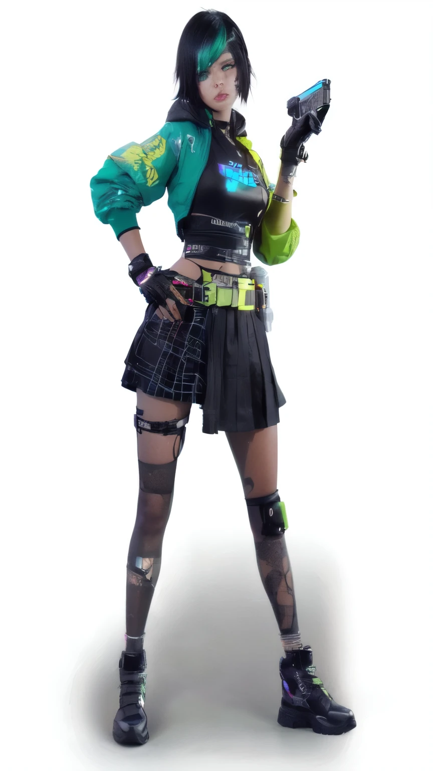 a woman in a skirt and jacket holding a gun, pitch black skin, kda, cyberpunk outfit, dark neon punk, diesel punk female, female lucio, mechanic punk outfit, cyberpunk style outfit, glitchpunk girl, teal skin, render of mirabel madrigal, lucio as a woman, full body picture, pitchblack skin, cyberpunk flowerpunk. Realitic