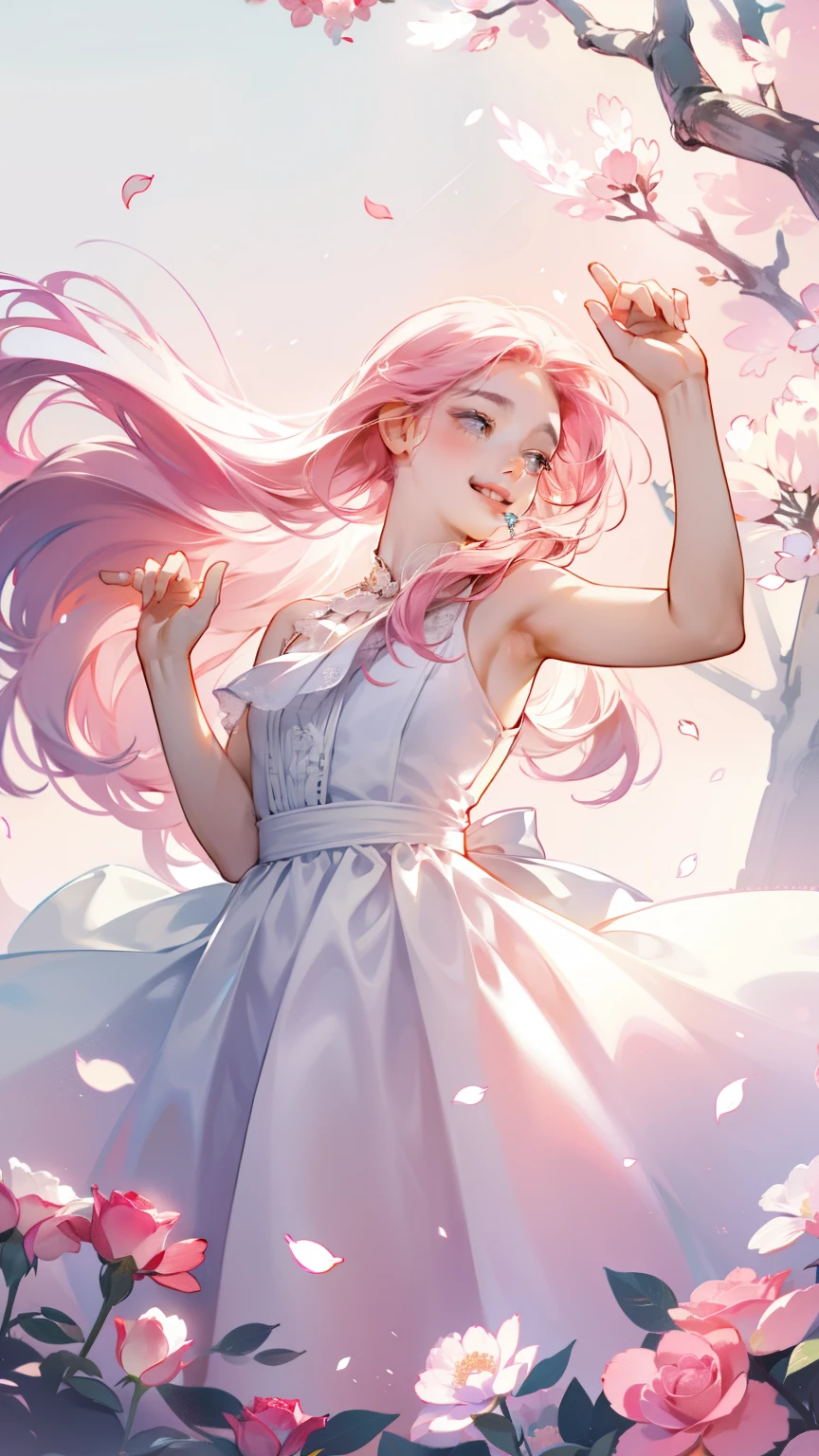 An 18 year old girl is wearing a pink rose, long hair, white sleeveless dress, holding a pink rose. Smelling the fragrance of the flower, bright fantasy, surrealism, Michael Cormac, pink, monochromatic tranquility, bright atmosphere, sunshine, happiness, happiness, and a smile,