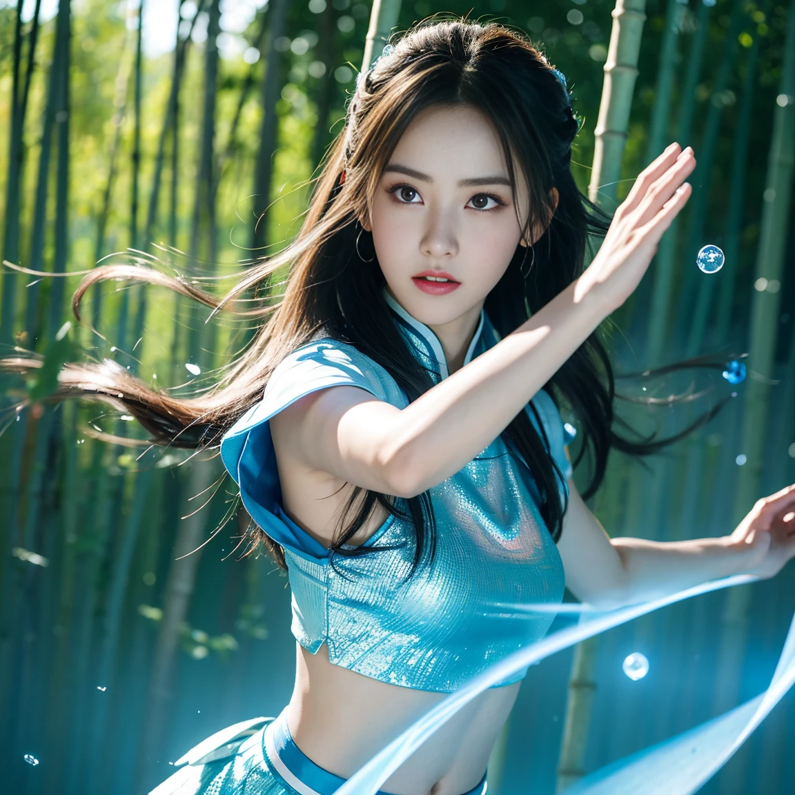 uhd, epic, cinematic still frame, sharp focus, craft a hyper realistic photo of most attractive and beautiful Wuxia girl (Dilraba Dilmurat), (beautiful face)、(((1 juvenile,full bodyesbian,tear-mole:)))full bodyesbian,Sharp eyes,Clear facial features,wearing a lace hanfu,White robe,Fighting,Strong dynamic posture,The body is surrounded by blue mist,Runes surround you,tai chi martial arts action,Holographic reality,holographic halo,dynamic blur,Game lighting effects,rim-light,Soft light,cinematic rim light,The light is delicate, Qi explosion, Bamboo Tree Background