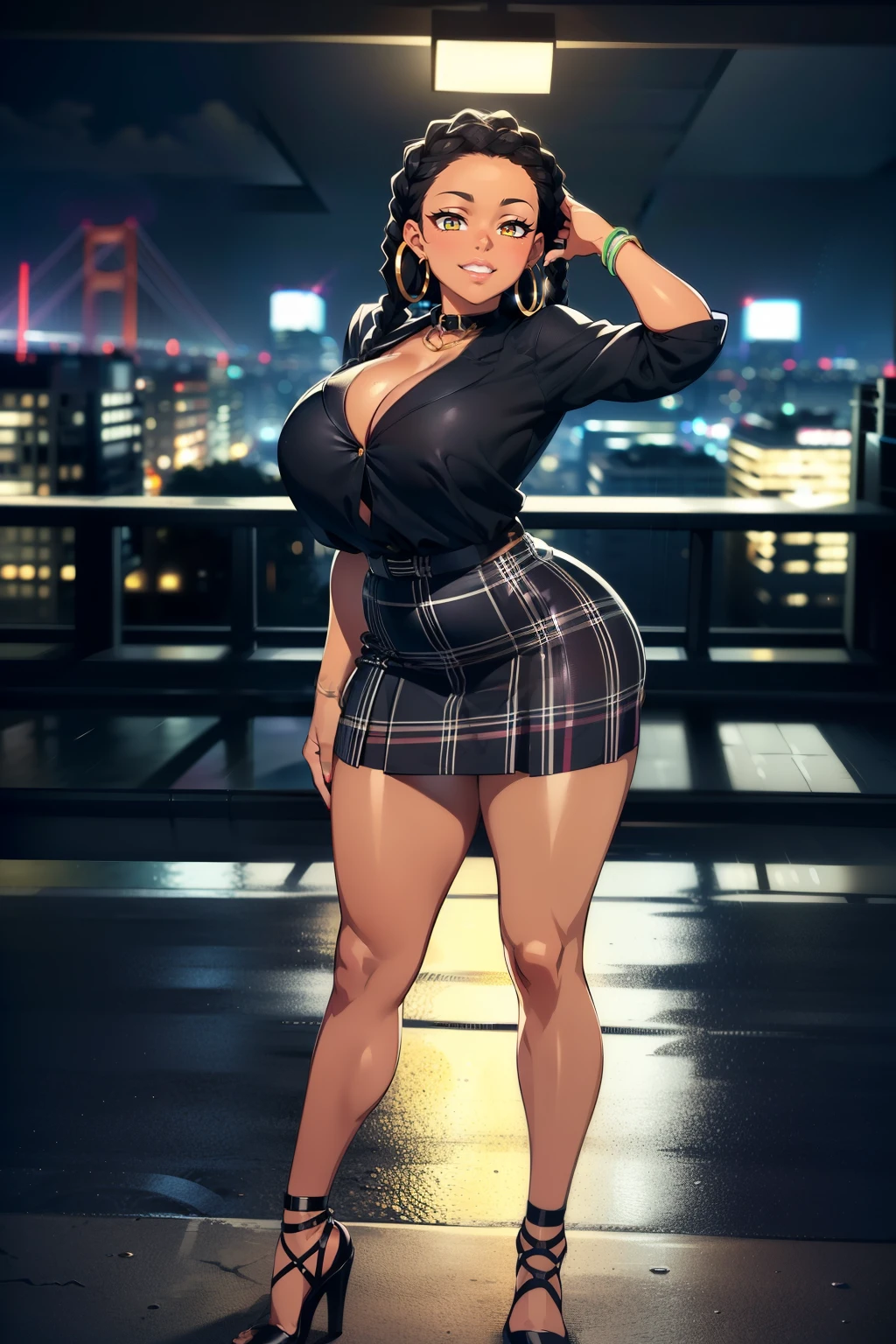 4K Quality, grinning, (sexy pose), ((full body black plaid skirt)) standing up, ((black braids)), dark skinned, thick thighs, big breasted, big ass, looking at viewer, ((amber eyes)), ((night time)), ((bedroom eyes)), full body, (city background), (after the rain), perfect face, perfect body, perfect eyes, full lips, ((hoop earrings)), (vibrant background)