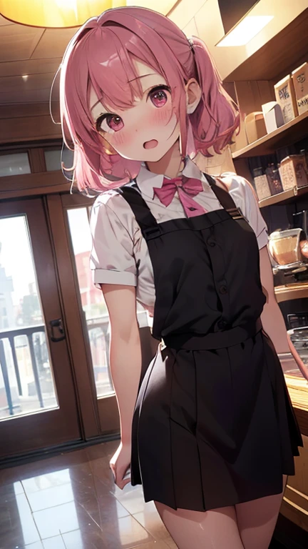 masterpiece、highest quality、Very detailed、8k CG、
Photograph the upper body、1 female、(Put your arms behind your back:1.2)、Are standing、Turn your body forward、View your viewers、(Waitress uniform)、blush、shy、(trembling:1.2)、Pink Hair、Open your mouth、Coffee shop、