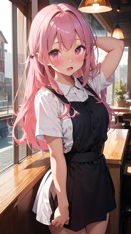 masterpiece、highest quality、Very detailed、8k CG、
Photograph the upper body、1 female、(Put your arms behind your back:1.2)、Are standing、Turn your body forward、View your viewers、(Waitress uniform)、blush、shy、(trembling:1.2)、Pink Hair、Open your mouth、Coffee shop、