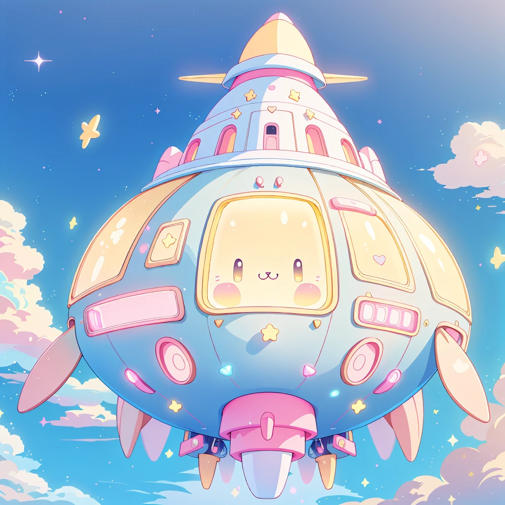 A futuristic flying star-shaped pastel-colored vehicle、❤、★、❤★❤🐇、Spaceship、kawaii tech,No people、rabbit