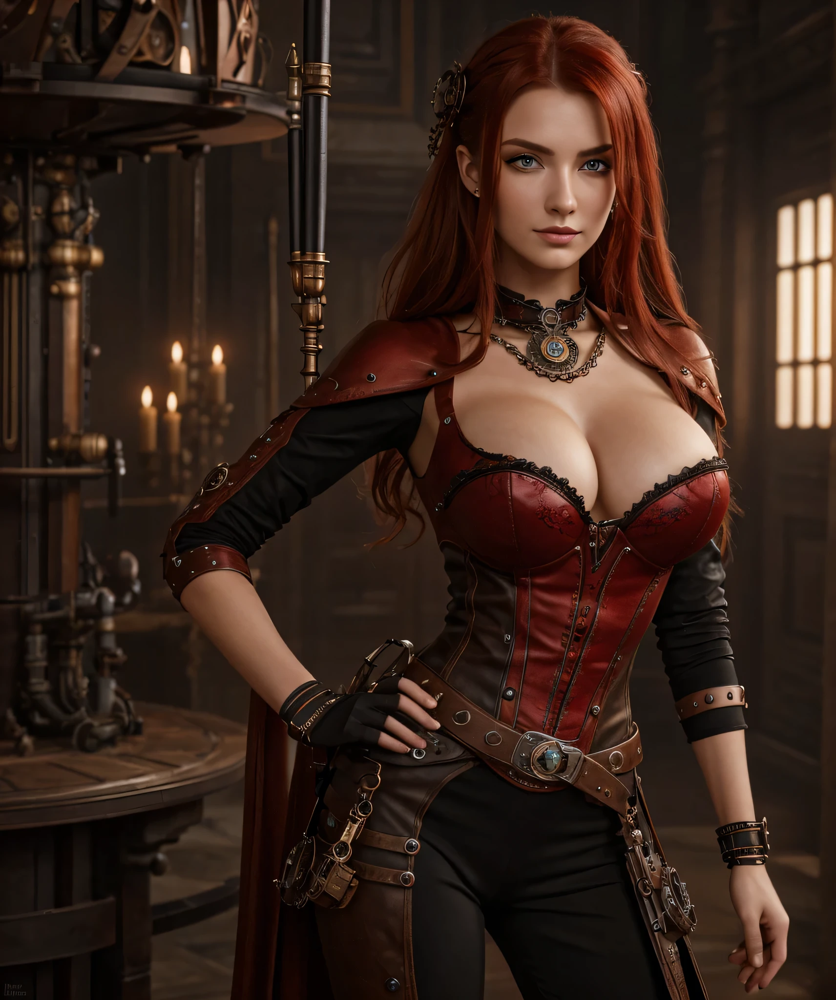 Masterpiece best quality, ultra high resolution, 4K detaillierte CG (Adriana Malkova 1.0) strahlende Augen, rotes Haar, Steampunk, mit schwarzem Split-Off-Meshkleid und Stiefeln