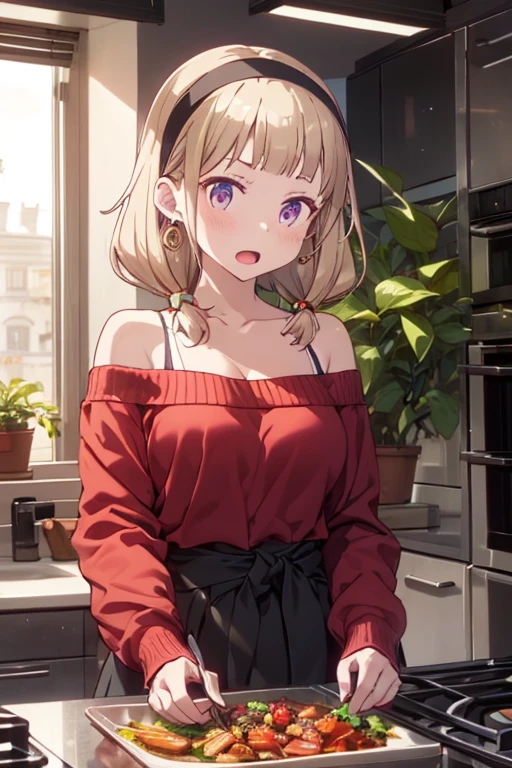 masterpiece, yor, 1girl, Amazing Cleavage:1.3, thin waist, big ass, Raised sexy, medium breast: 1.8 posed cleavage:1.2、solo, looking at viewer, open mouth, have a cup of coffee,black hair, red eyes, dress, bare shoulders, jewelry, collarbone, sidelocks, hairband, earrings, indoors, off shoulder, :o, sweater, arms behind back, plant, short hair with long locks, white hairband, off-shoulder dress, sweater dress, off-shoulder sweater, red sweater, big side hair, very long side hair,is rendered in (masterpiece: 1.2, best quality), with (ultra high resolution) and an exquisite (depth of field). This masterpiece is not only visually stunning but also tells, teach of cooking ,in the kitchen