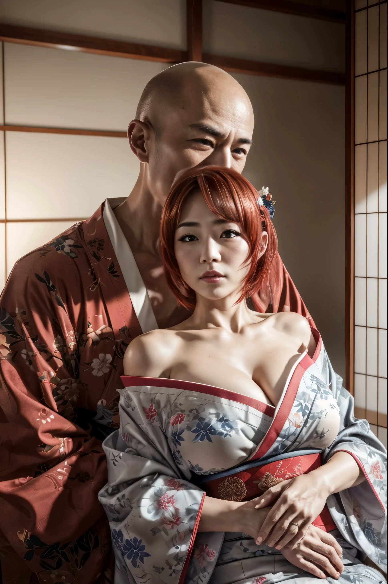 RAW, photorealistic, wide angle, facing forward,  portrait of (2 people:1.5, they are a yakuza couple), he is a (japanese old (bald man):1.3) with long white beard, BREAK, she is a (young geisha:1.3) in (hanging down kimono:1.2) exposed her droopy soft breasts, slim body with sexy posture, (short red hair:1.3), detailed face with seductive expression, BREAK, they hug up each other, (old man squeeze her breast softly:1.4) from behind, while she is soaking in onsen, romantic ambient, she looks enjoy it with droopy eyes, a bit opened her sensual lips, extremely detailed face, detailed hand and fingers, photon mapping, natural daylighting, foggy atmosphere, calm colors tones
