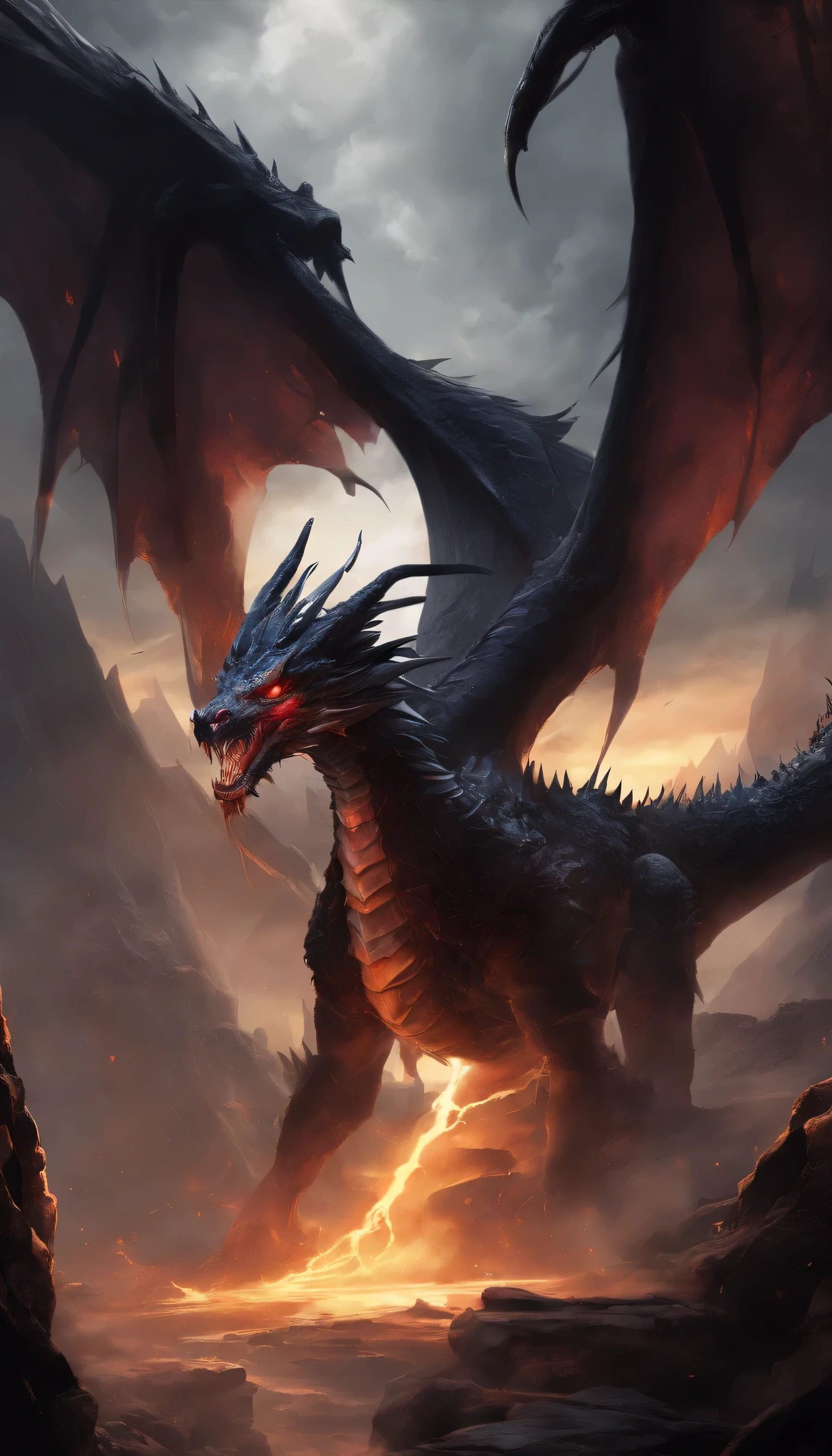 An epic scene illustrating a majestic dragon with obsidian scales and piercing ruby eyes, enclosed within the depths of a shadowy cavern. The dragon's expansive wings spread wide, soaring through the pitch-black expanse amidst a tumultuous sky crackling with bolts of lightning. Embrace the fantasy theme with intricate details of the full dragon form