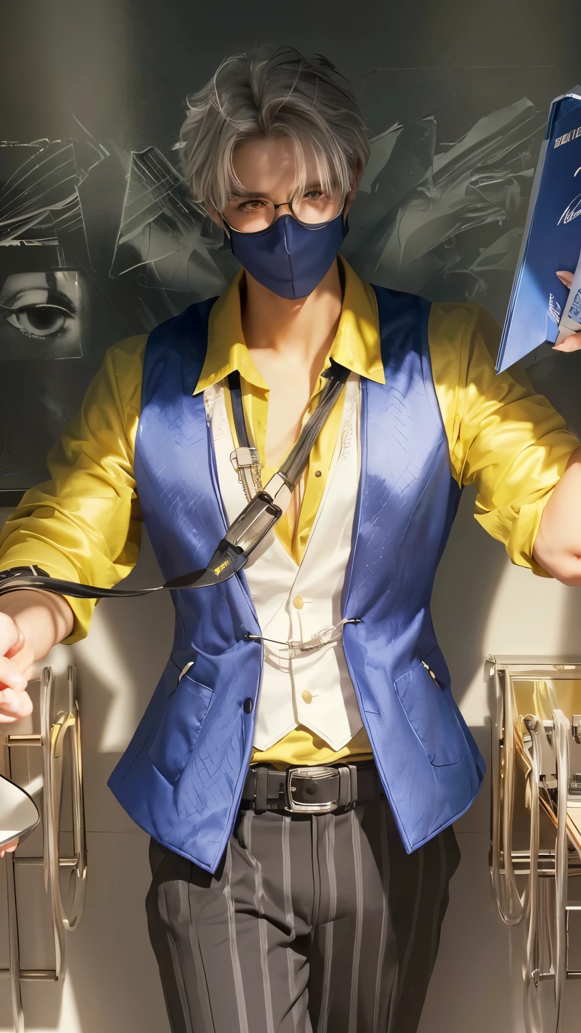 (best quality,4k,8k,highres,masterpiece:1.2),ultra-detailed,(realistic,photorealistic,photo-realistic:1.37),portrait,man with glasses,blue jacket,holding a book,detailed eyes,extremely detailed evil eyes and face,artgerm style,artgerm detailed,artgerm-inspired lighting and composition,vivid colors,classical background,subtle bokeh,sharp focus,studio lighting,physically-based rendering,top-quality materials,artgerm's signature aesthetic,polished finish,sigma male,short white hair,charismatic