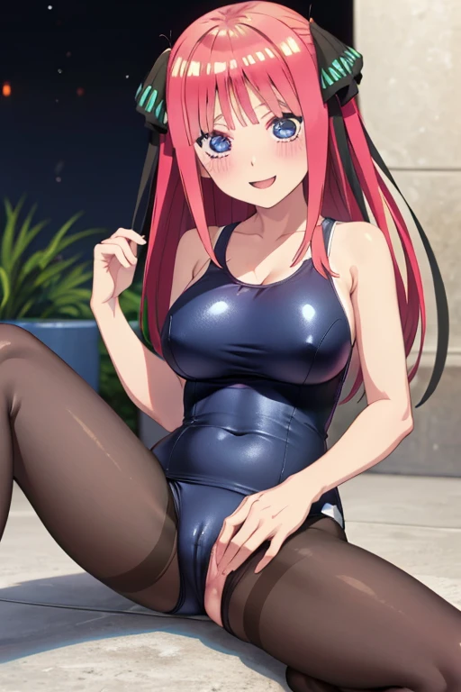 best quality, ultra-detailed masterpiece, anime art style, cute character, nino nakano, large breasts, blush, smile, one-piece swimsuit, pantyhose, pussy focus, open legs