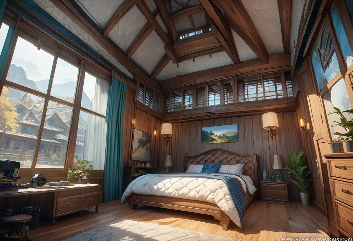 Ultra-Real 8K, Super detailed, ((no man)), (Hyper Detail, Dynamic Camera), (Wide-angle), (Vivid colors and saturation), (Trending on Artstation),anime style, Bedroom,bed,indoor, Western style, Luxury House
