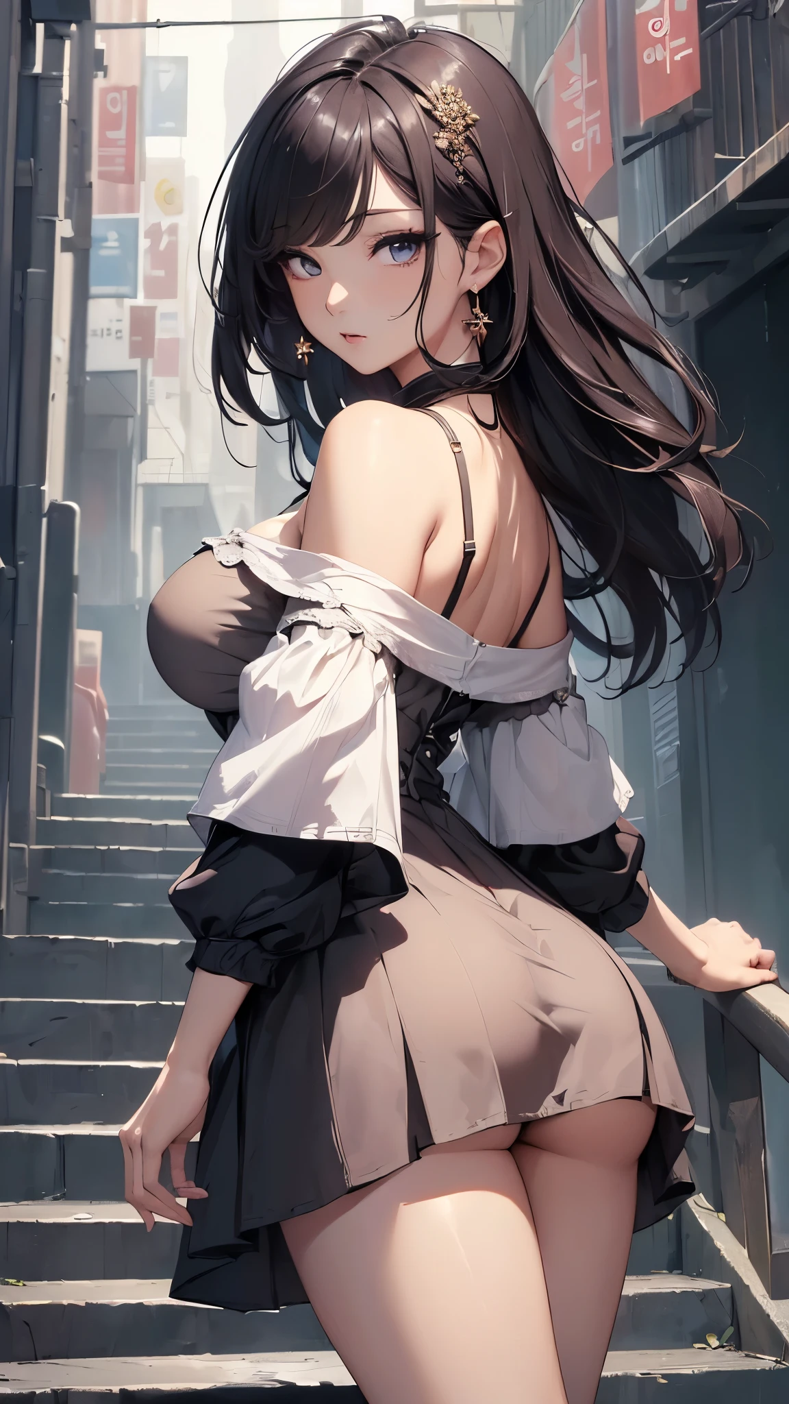 (((masterpiece))),(((High resolution)))、(((8K)))、(((perfect face)))、(((Korean idol)))、25 years old, ((off shoulder dress)),  ((skirt)), look at the camera, thighs, ((top quality eyes)), ((detailed eyes)), ((detailed face)), (detailed texture), look at the camera, big tits, stairs, back, (ass), panty, low angle