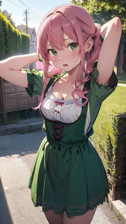 masterpiece、highest quality、Very detailed、8k CG、
Photograph the upper body、1 female、(Put your arms behind your back:1.2)、Are standing、Turn your body forward、View your viewers、(Green Dirndl)、blush、shy、(trembling:1.2)、Pink Hair、Open your mouth、beer garden、