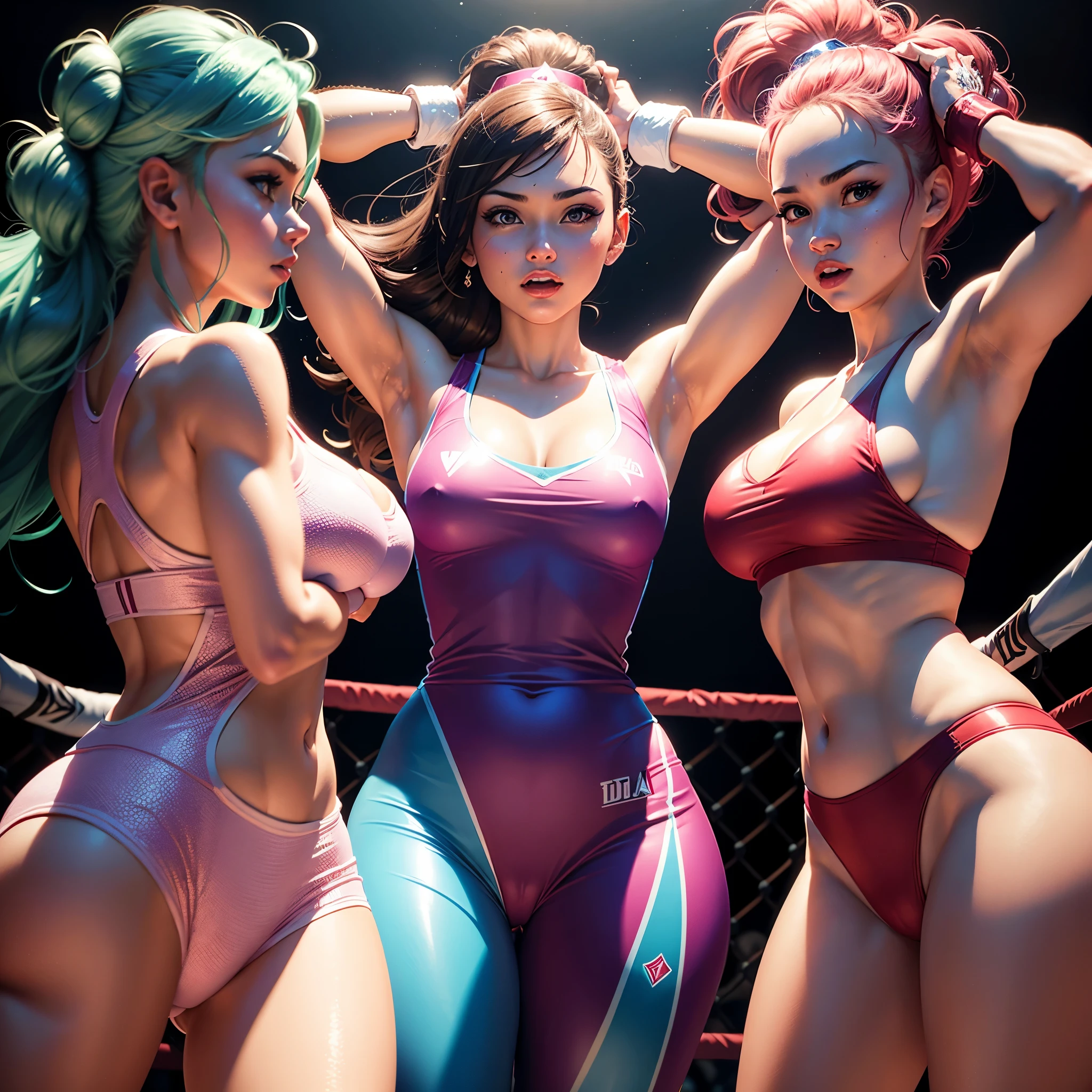 A group of video game princesses engaging in a dynamic boxing match. The princesses are dressed in their iconic princess outfits, adding a touch of elegance to the sport. They are wearing comically oversized boxing gloves, creating a humorous and playful atmosphere. Above their heads, there are health bars representing their energy levels, enhancing the competitive vibe. The image is of the best quality, with ultra-detailed graphics and a photorealistic style. The color palette is vibrant and vivid, giving life to the scene. The lighting is carefully set up to highlight the princesses and create a dramatic effect. Include lots of panty slips, well defined vagina