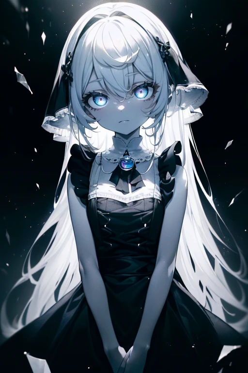 ((((Obra maestra, La mejor calidad, ultrahigh resolution)))), ((a shy maid)), standing, ((wearing french maid outfit)), long hair cut, pale skin, ((dark black hair, blue tint)), (glowing_eyes, luminescent eyes), (ultra detailed eyes:0.7, beautiful and detailed face, detailed eyes:0.9), ((centered)), smile, ((wide shot)), facing viewer, (((surrounded by darkness, falling snow in the dark, light from street lamp)), flat chested, looking at viewer, ((perfect hands)), ((head:1, hips, elbows, arms, in view)), ((hands behind back)), beautiful lighting, defined subject, (25 years old), ((cool looking)), Chi no Wadachi