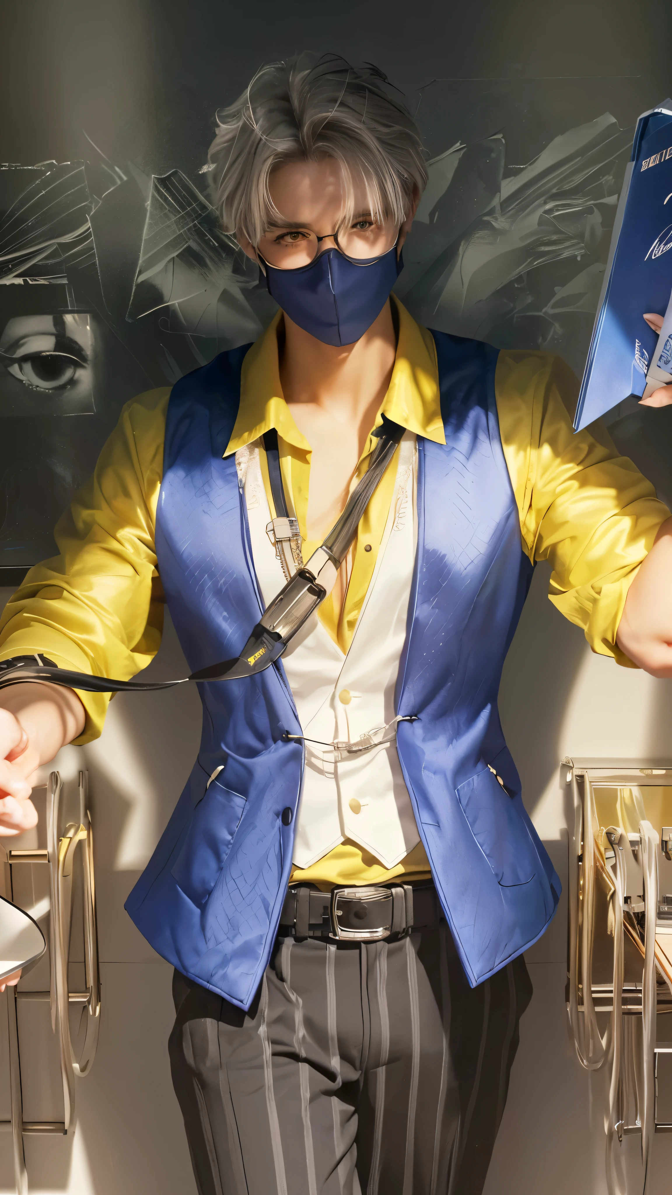 (best quality,4k,8k,highres,masterpiece:1.2),ultra-detailed,(realistic,photorealistic,photo-realistic:1.37),portrait,man with glasses,blue jacket,holding a book,detailed eyes,extremely detailed evil eyes and face,artgerm style,artgerm detailed,artgerm-inspired lighting and composition,vivid colors,classical background,subtle bokeh,sharp focus,studio lighting,physically-based rendering,top-quality materials,artgerm's signature aesthetic,polished finish,sigma male,short white hair,charismatic