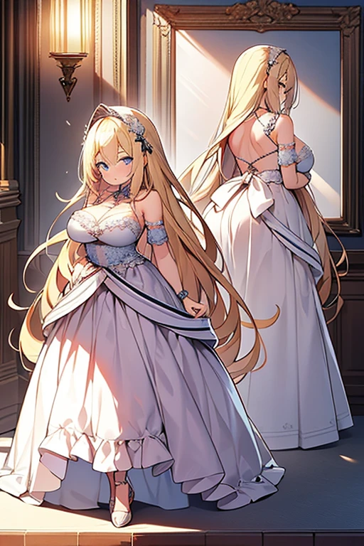 Best image quality, Excellent details, Ultra-high resolution, Best illustrations, Favorite Details, Very condensed one girl, Delicate and beautiful features, Woman with long blonde hair and large breasts in a dress, full body, three views from front, back and side, to many pose