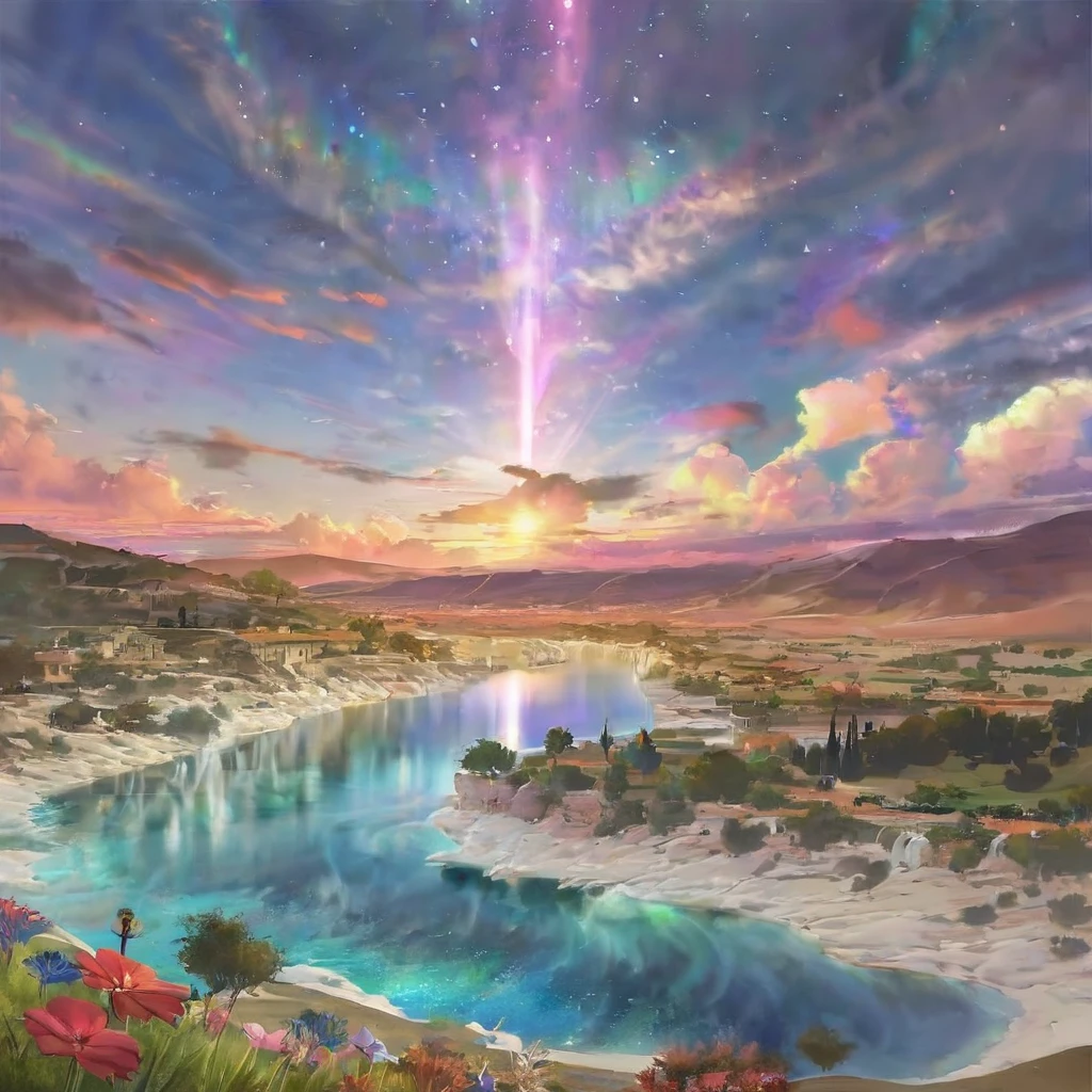 birthday,Israel,Colorful,Dreamy landscape, cloud, light piercing through the cloud, Reflection on the surface of the water, Gentle waterfall,flower々,Quiet atmosphere, Richness in details, Surreal beauty, Magical Aura, Fantasy Landscape, High quality digital art, Vibrant colors, Fantastic lighting, Enchanting atmosphere, Artistic Expression, Otherworldly feeling, Beautiful brushwork, Surrealism, Photorealistic elements, Magnificent View, Peaceful tranquility, Immersive Experience, Breathtaking views, Picturesque views, Mysterious charm, Mysterious atmosphere, Nuances, A magical dream.