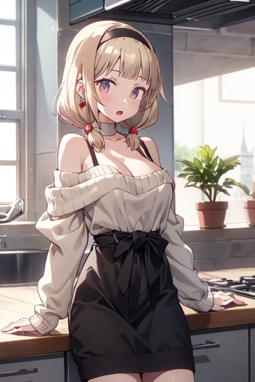 masterpiece, yor, 1girl, Amazing Cleavage:1.3, thin waist, big ass, Raised sexy, medium breast: 1.8 posed cleavage:1.2、solo, looking at viewer, open mouth, have a cup of coffee,black hair, red eyes, dress, bare shoulders, jewelry, collarbone, sidelocks, hairband, earrings, indoors, off shoulder, :o, sweater, arms behind back, plant, short hair with long locks, white hairband, off-shoulder dress, sweater dress, off-shoulder sweater, red sweater, big side hair, very long side hair,is rendered in (masterpiece: 1.2, best quality), with (ultra high resolution) and an exquisite (depth of field). This masterpiece is not only visually stunning but also tells, make of cake cooking ,in the kitchen