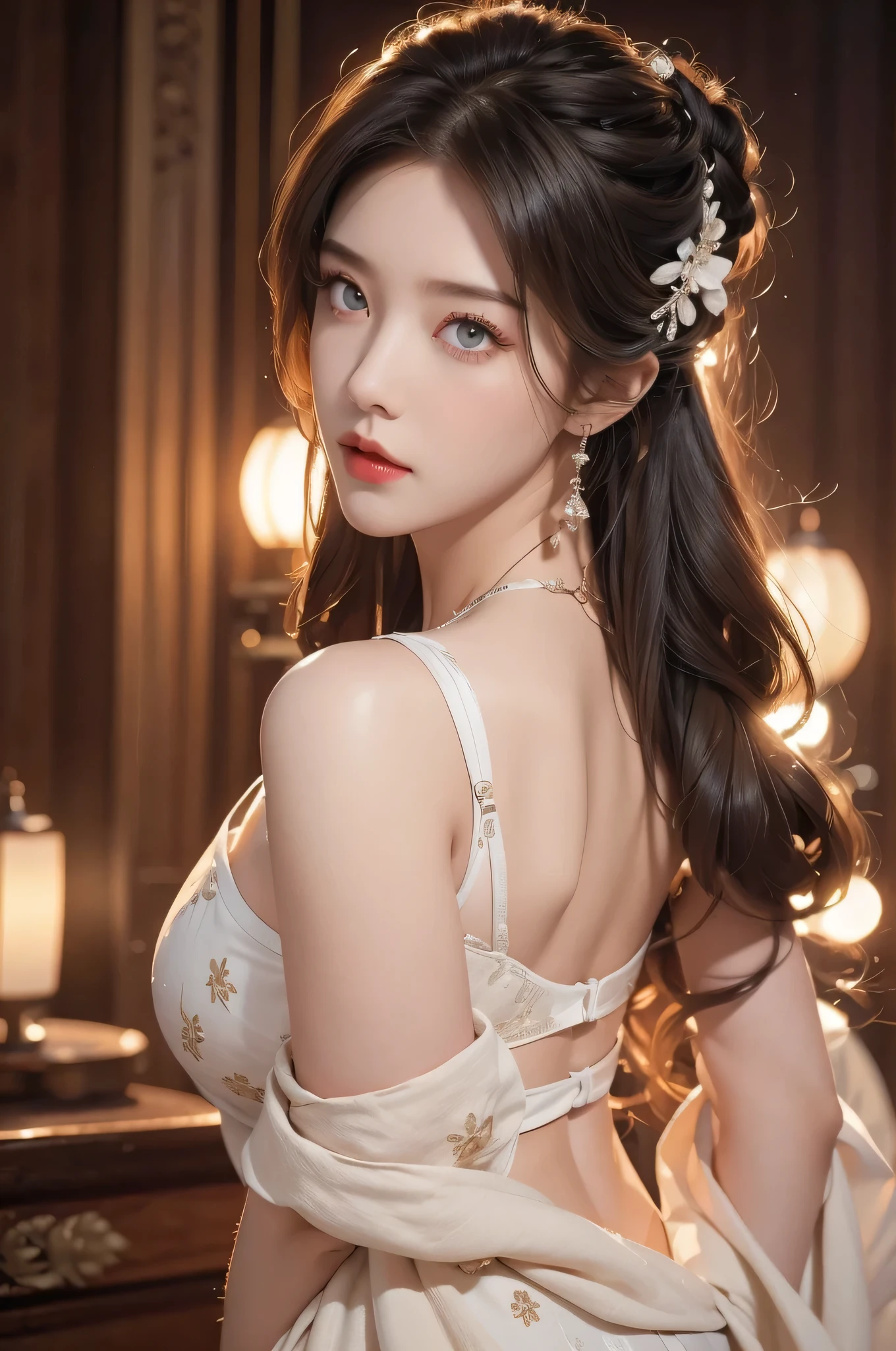 High-quality work，Realistic works，Super premium graphics，8K HD CG works，high quality graphics，High-definition and exquisite CG works，10x pixels，Ultra-fine details：1.1，Advanced technical details：1.1Realistic photo effects，Interior lighting effects：1.5，natural soft light：1.5. Light effect（Virtual light effects：1.8），Ultra-high resolution，shining dress，sliver long hair，silber hair，transparenthair，high detailed hair（Quality hair details：1.1）Clear eyes，Double eyelids look good，Sharp eye makeup, Create exquisite eyelash makeup, tthin eyebrows, Ultra-detailed eyes，a tall nose, lovely red lips, rosey cheeks, With delicate makeup on her face , pretty face, The face shape is perfectly proportioned,（Advanced facial details：1.1） Realistic professional photos with super detail，full-shot，full bodyesbian，Straight lens，one-girl，Blue hair，eBlue eyes，long whitr hair，big round breasts，afloat，Stand with your back，Turn Back，Cock your ass，Rounded ass，Straight ass，power pose，The halo，The best succubus，Arrogant eyes，Looking into the distance，Stand under the stars，The attention to detail，The background is a comet and a nebula，light stre，cinmatic lighting，Side lighting，Dark and detailed galactic background，Women's artwork，Dress full body video，Reality，Amazing Cleavage，My eyes are very bri
