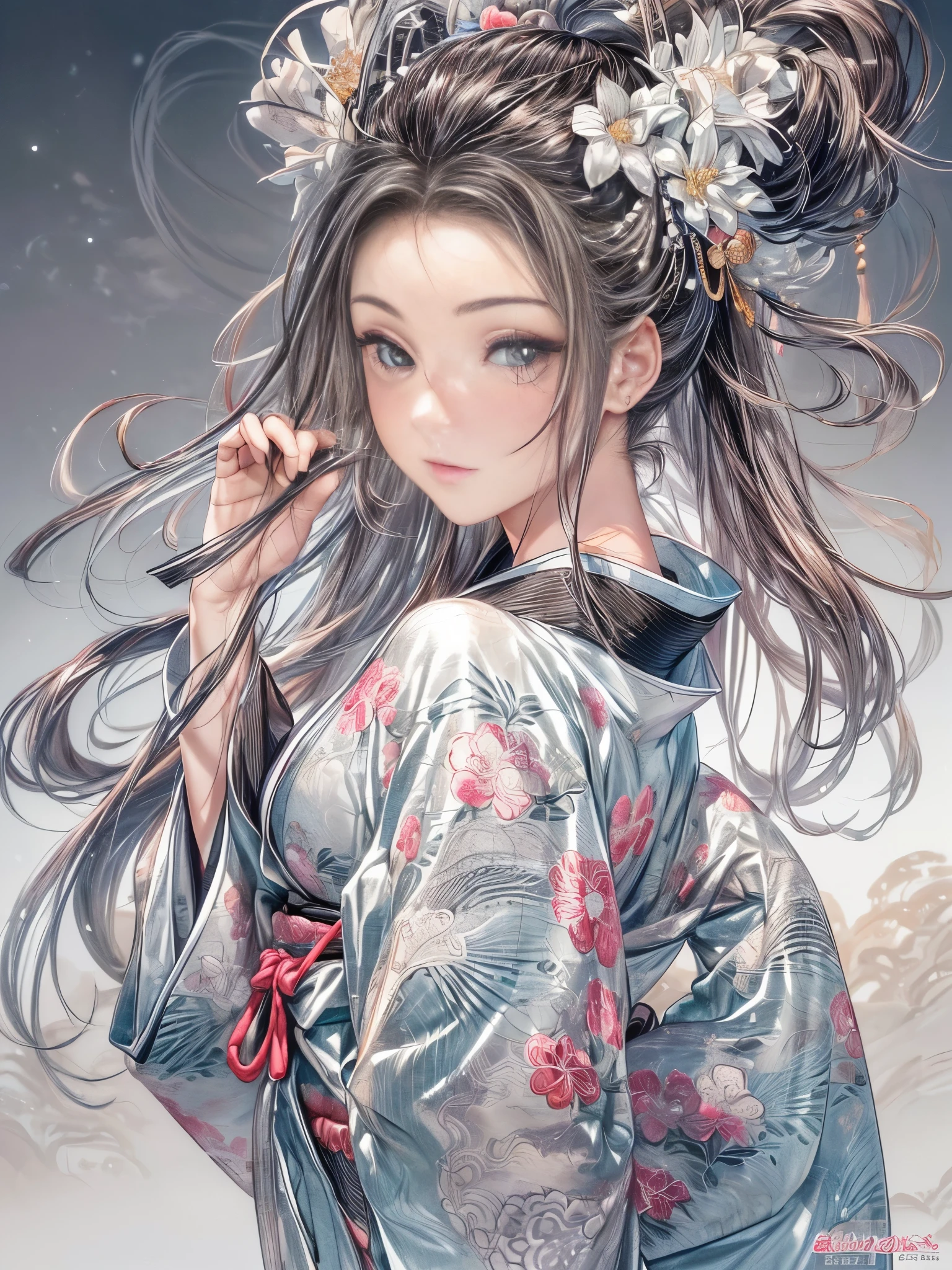 (Beautiful models in Japanese kimono ads), (Solitary), ((The face is 80% Beauty and elegance, 20% Playful:1.5)), (Her), Clear eyes, (Delicate eyes, Light brown eyes, Smart pupils), Double eyelids, (Sexy and slightly thick lips:1.2), Ultra Detailed and incredibly high resolution Kimono, Highly detailed facial texture, Attractive body shape, Full figure、very attractive woman, High-resolution RAW color photos Professional photos, rest ultra high-resolution textures, High resolution body rendering, big eyes, An unrivalled masterpiece, Incredibly high resolution, Ultra Detailed, Amazing ceramic skin, rest (Wearing a sparkling limpa flow silver kimono,There are many colors of Limpa Silver), (The main color is Rinpa shiny silver, Black to silver gradient from hem to collar), (Meticulously crafted classic Japanese shiny silver kimono), ((The embroidery pattern is a Japanese dragon, cloud, Mountains, and rivers)), (A belt that matches this kimono), ((shiny silver kimono,With delicate and elegant embroidery)), (The background is a night view,Light snow falling) rest ((best quality, 8k)), Clear focus:1.2, (Layer cutting, Large target:1.2), (Beautiful Women in Perfect Shape:1.4), (Beautiful figure,Full breasts:1.3), Slim waist, (The right hand shape:1.5), (full-body shot | Cowboy shooting | Rear view)