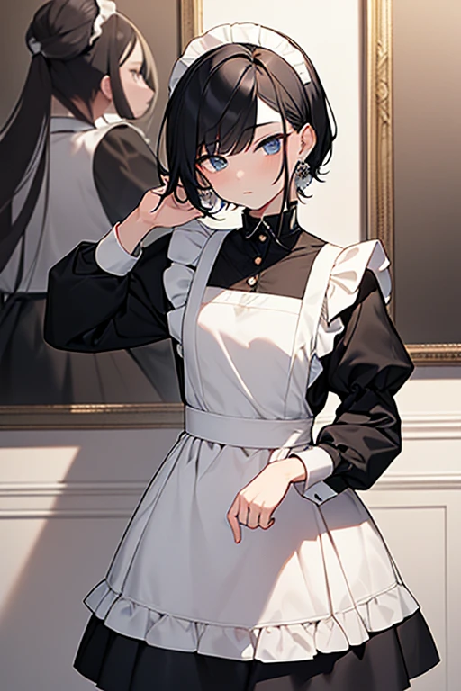 (masterpiece, highest quality, highest quality, Official Art, Cosmetology and aesthetics: 1.2), A cross-dressing boy with shoulder-length black hair and a short skirt wearing a maid's uniform、Cute, delicate and short、whole body、Front, back and side view、three views、Character Sheet、No background
