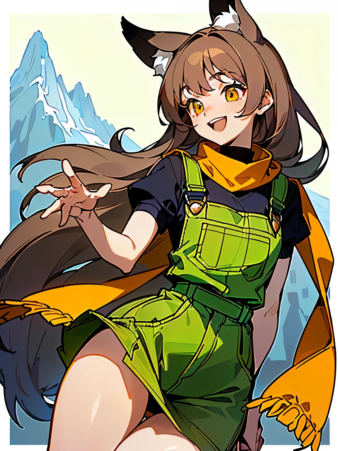 ((Masterpiece, 8k, High quality)),(adult female), (yellow eyes), (((Long gray hair reaching the neck))), ((Hilarious joke)), Height 155 cm, Weight 55 kg, (((The chest is slightly large, the hips are wide open.))), (((Wearing a mountain bandit outfit))), ((wearing an orange scarf)), (((Wearing green overalls and a short skirt.))), (((dark brown hair))), (Fox ears), smile, (Remove background), ((Head-thigh scale)) alchemist