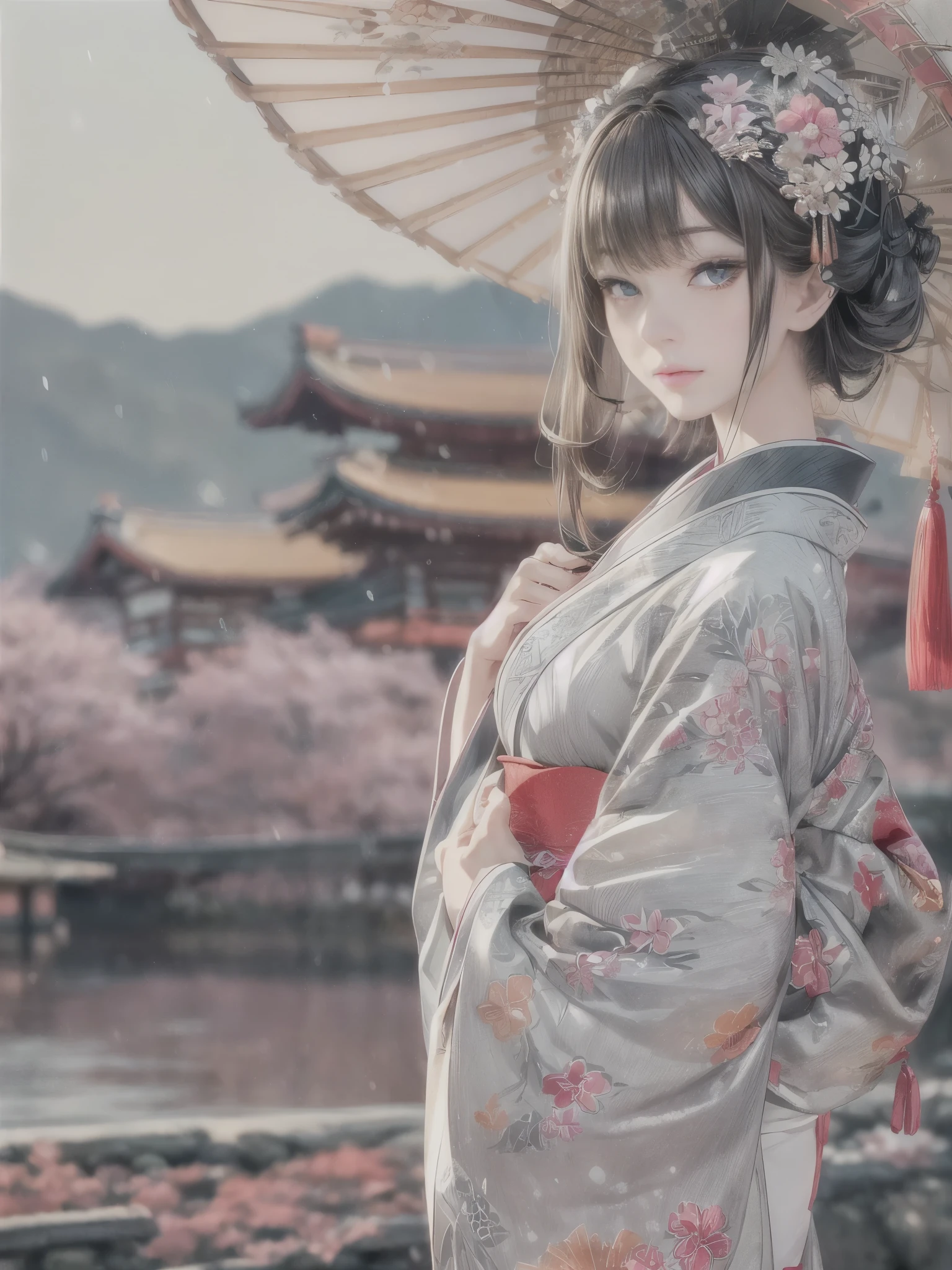 (Beautiful models in Japanese kimono ads), (Solitary), ((The face is 80% Beauty and elegance, 20% Playful:1.5)), (Her), Clear eyes, (Delicate eyes, Light brown eyes, Smart pupils), Double eyelids, (Sexy and slightly thick lips:1.2), Ultra Detailed and incredibly high resolution Kimono, Highly detailed facial texture, Attractive body shape, Full figure、very attractive woman, High-resolution RAW color photos Professional photos, rest ultra high-resolution textures, High resolution body rendering, big eyes, An unrivalled masterpiece, Incredibly high resolution, Ultra Detailed, Amazing ceramic skin, rest (Wearing a sparkling limpa flow silver kimono,There are many colors of Limpa Silver), (The main color is Rinpa shiny silver, Black to silver gradient from hem to collar), (Meticulously crafted classic Japanese shiny silver kimono), ((The embroidery pattern is a Japanese dragon, cloud, Mountains, and rivers)), (A belt that matches this kimono), ((shiny silver kimono,With delicate and elegant embroidery)), (The background is a night view,Light snow falling) rest ((best quality, 8k)), Clear focus:1.2, (Layer cutting, Large target:1.2), (Beautiful Women in Perfect Shape:1.4), (Beautiful figure,Full breasts:1.3), Slim waist, (The right hand shape:1.5), (full-body shot | Cowboy shooting | Rear view)
