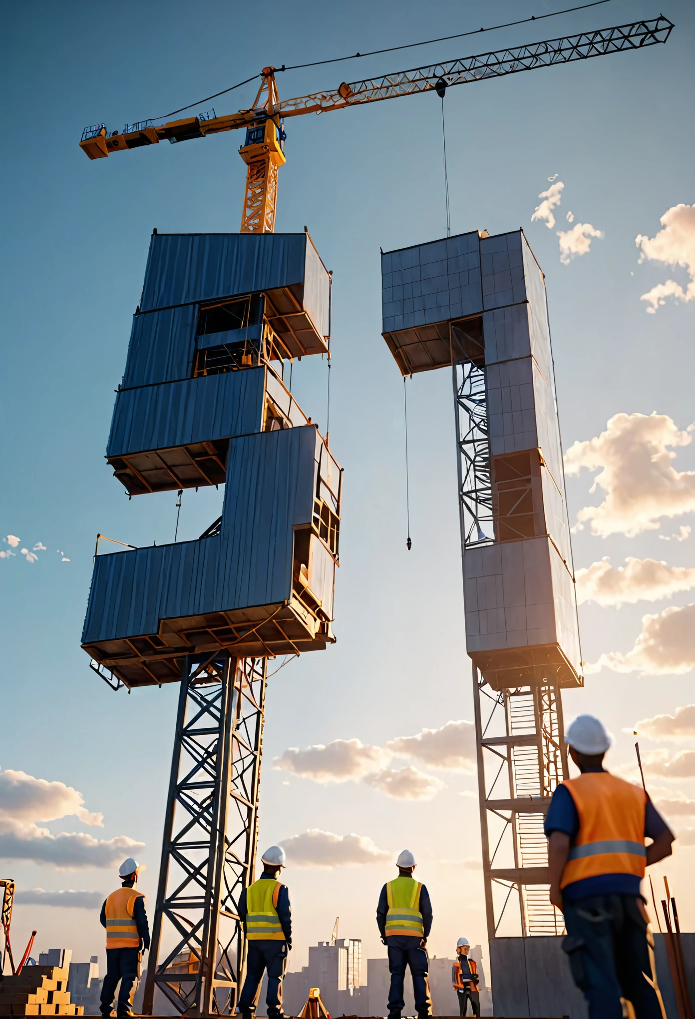 Urban construction site，The tower crane and workers surrounding it，Construction worker standing below looking up，(Super Detail, aesthetics, Beautiful composition, Soft Light),Unreal Engine,Octane Rendering,cuteness render,3D Rendering,Adobe Photoshop,8k,