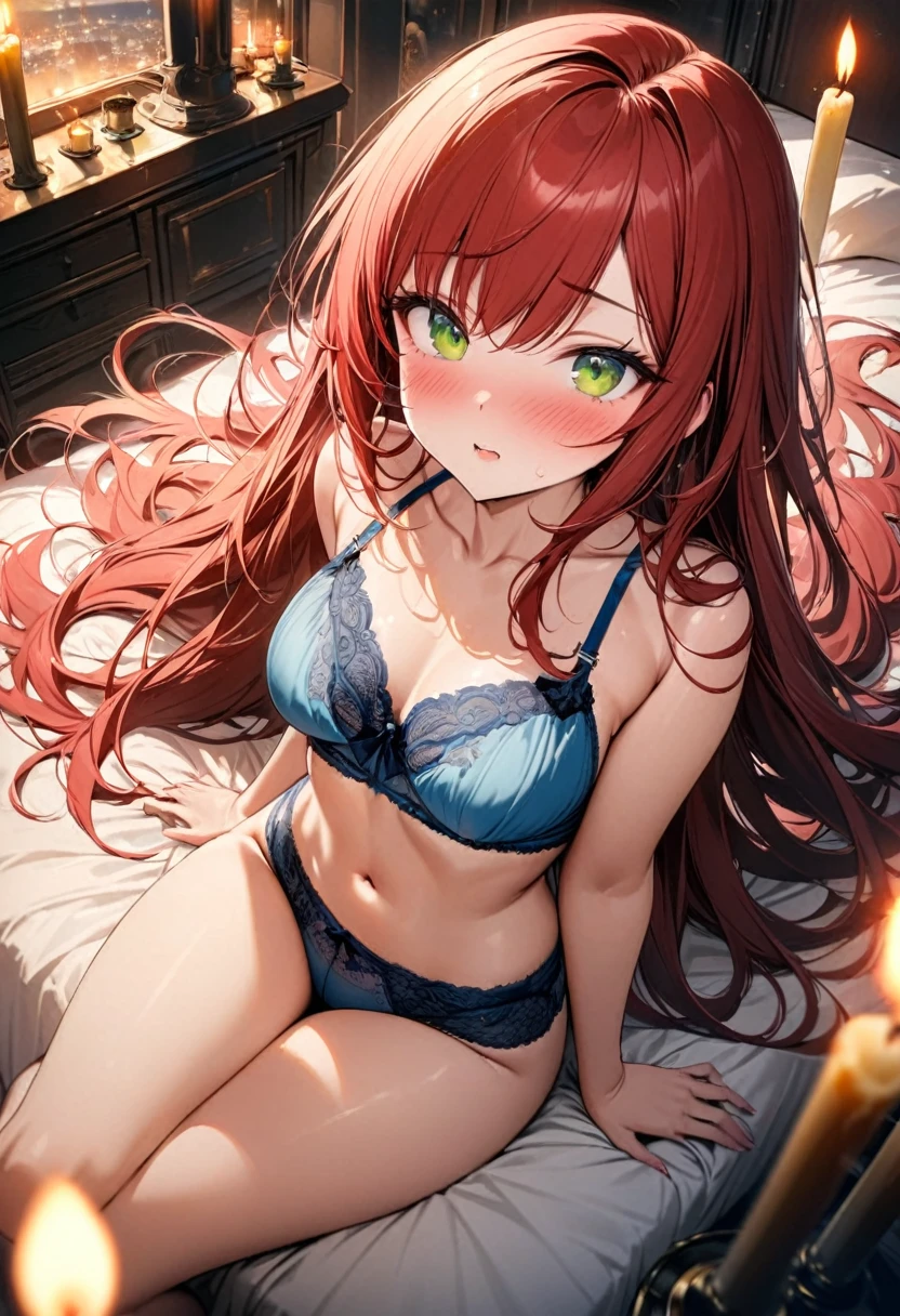 best quality, super fine, 16k, incredibly absurdres, extremely detailed, beautiful woman sitting on a bed, suggestive look, room full of candles, from above, blushing, blush, blushing face, wearing blue underwear, blue bra, captivating look, red long hair, red hair, long hair, green eyes, green eyes, wind, wind-effect, moonlit night view, (magnificent view:1.1) , clockpunk