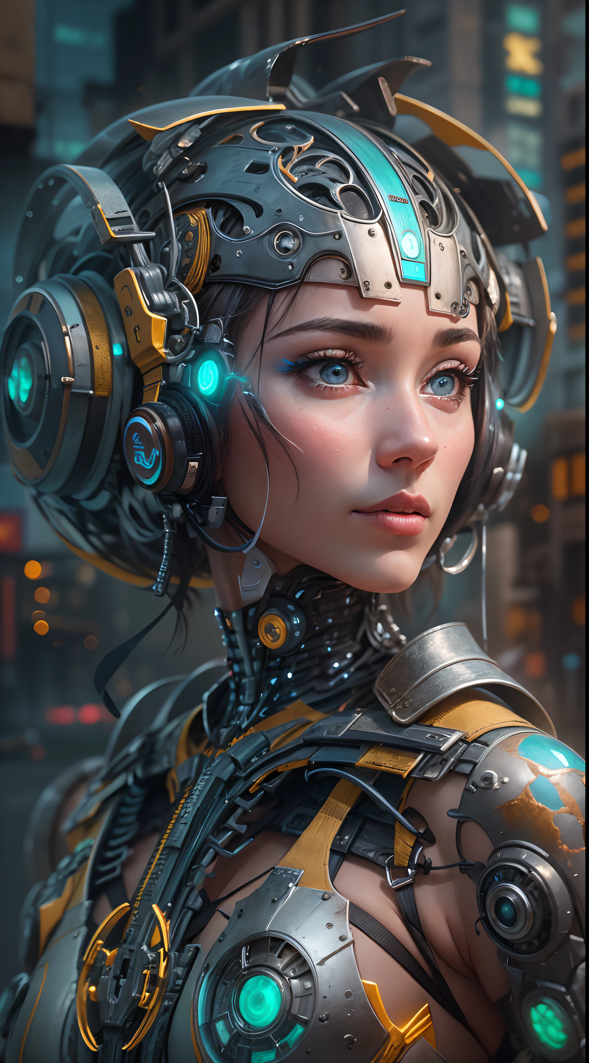Unreal Engine:1.4,Ultra HD,Best quality:1.4, fotorRealist:1.4, Texture:1.4, masterpiece:1.8,Mechanical girl of the future,shiny metal,Excellent robot action,ethereal,future technology,advanced artificial intelligence,Cityscape illuminated by neon lights,Metal exoskeleton,Highly detailed facial features,Bright LED eyes,Carefully crafted faux leather,Luxurious future fashion,floating above the ground,Explore the cityscape,future technology,exquisite craft,Metal limbs with intricate designs,Seamless integration of humans and machines,surRealist,Otherworldly atmosphere,Utopian cityscape in the background,Advanced weapons and equipment integrated into its body,Gives off a soft and vibrant glow,Expressive and charming appearance,Superhuman strength and agility,Adopt a posture of confidence and strength,具有鮮豔色彩和複雜細節的高解析度portrait,Astonishing,stunning work of art. (Best quality,4K,8k,high resolution,masterpiece:1.2),Ultra Detailed,(Realist,fotorRealist,fotorRealist:1.37),HDR,Ultra HD,Studio Lighting,Ultrafine coating,sharp focus,Physically based representation,Extremely detailed description,professional,Bright colors,Bokeh,portrait,Concept Artist