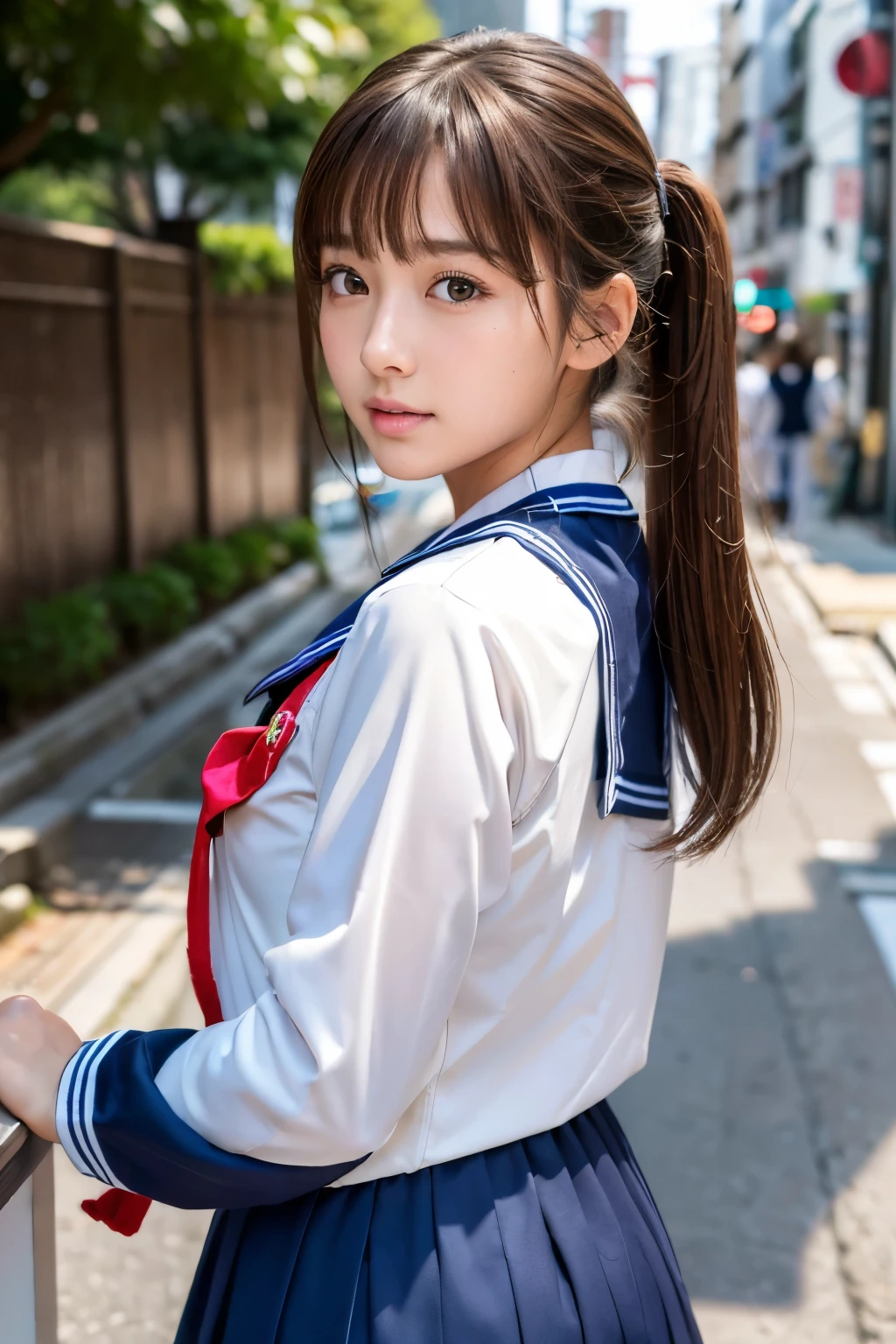 、Clothes with large cracks in the back、(8k、Masterpiece、RAW Photos、highest quality: 1.4)、(Photorealistic: 1.2)、(非常にDetailed face)、(Shiny skin)、(Detailed skin)、(Detailed face)、(Very beautiful face)、1 Girl、looking at the camera、Idol(actress)、Brown Hair、Medium length twin tail hair、Asymmetrical Bangs、Big Breasts、(uniform、Japanese sailor suit:1.2)、Street、(Buckshot、Butt Lift:1.2) 、Natural light、nsfw