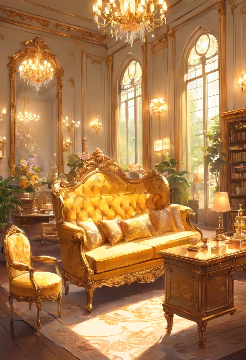 And now I felt a gentle push on my lower back, and a tug on my hand, as if the room itself was inviting me in. "Nope, meus sapatos..." started, but the push and pull became firmer and I found myself clumsily crossing the threshold, no veludo carmesim bordado. The furniture was as grand as the room itself., esculpido, golden and polished until it shined in the sunlight that came through the windows. Havia uma cama enorme sobre um estrado, dossel em ouro com uma colcha branca transparente; a maior penteadeira que eu poderia imaginar, covered with brushes and combs and cut glass bottles of perfumes and cosmetics; a desk so elegant I could barely imagine sitting at it; and rich golden velvet sofas and chairs spread throughout the room, para que eu pudesse sentar em quase qualquer lugar se tivesse vontade de repente. Eu dei outro passo para dentro da sala, my eyes wandering from the beautiful walls to the magnificent furniture and to the high ceiling with hanging crystal chandeliers - the room was so big it needed five of them.