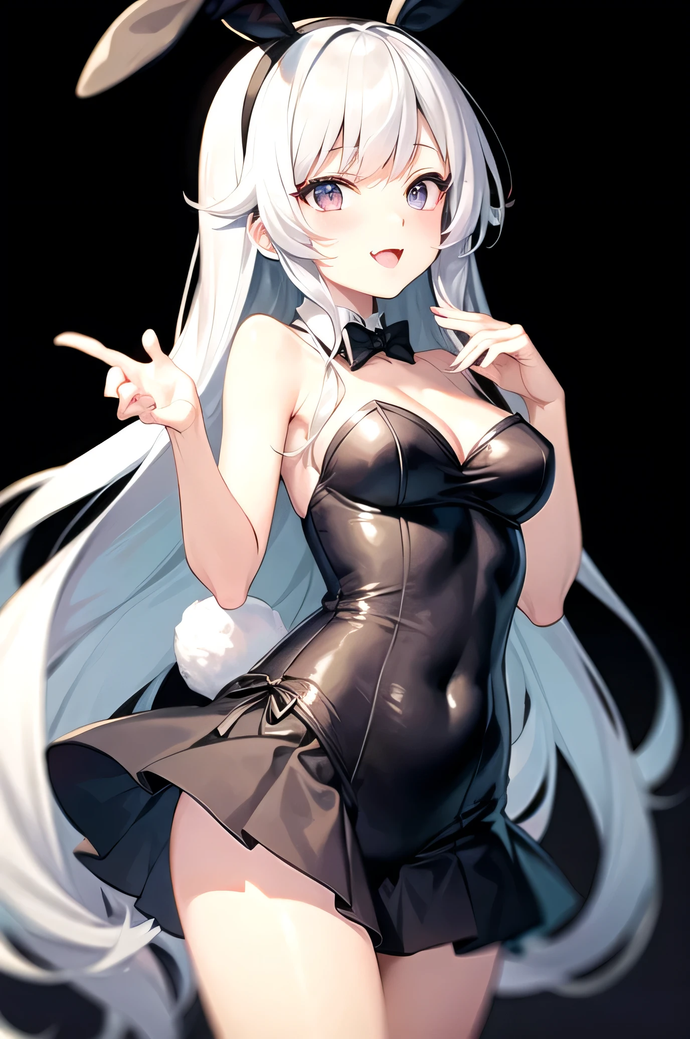 Anime girl named Mai Sakurajima from the anime Bunny girl sempai in black and white bunny outfit saying hello while blushing with a black background