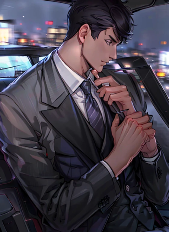 Victor (Love&Producer), solo, short hair, shirt, black hair, 1boy, closed mouth, jacket, white shirt, upper body, male focus, necktie, striped, vest, night, formal, suit, ground vehicle, lens flare, car, black suit, city lights, car interior