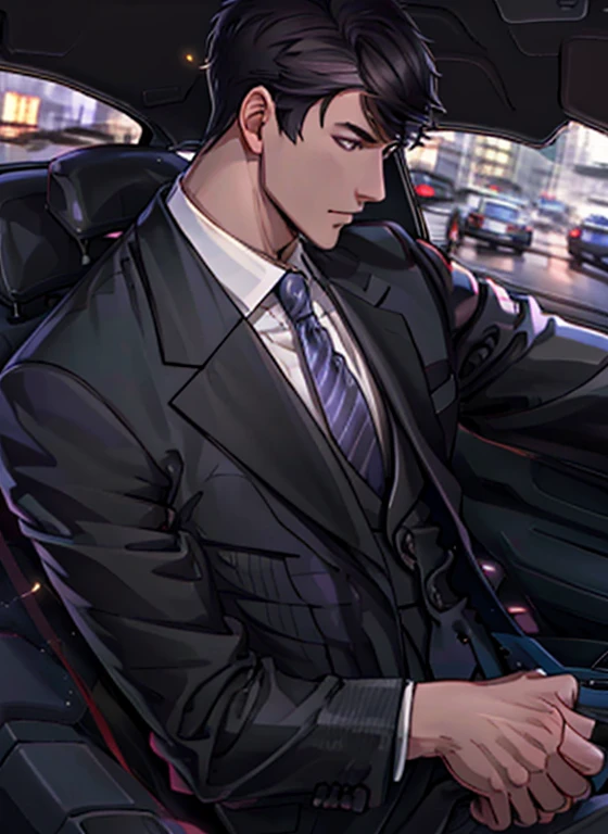 Victor (Love&Producer), solo, short hair, shirt, black hair, 1boy, closed mouth, jacket, white shirt, upper body, male focus, necktie, striped, vest, night, formal, suit, ground vehicle, lens flare, car, black suit, city lights, car interior