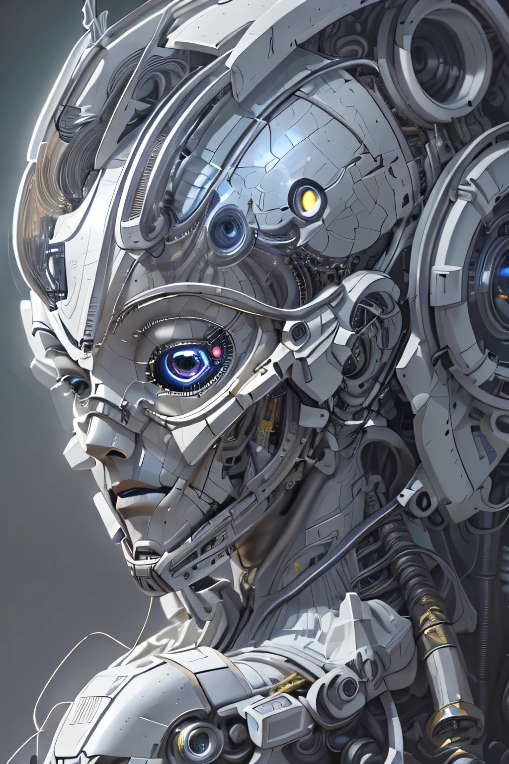 Intricate 3d rendering of highly detailed beautiful ceramic silhouette female robot face, robot, robot part, 150 mm, Beautiful studio soft light, Rim Light, Vivid details, Luxury Cyberpunk, Lace, Surreal, anatomy, Facial muscles, Cables and wires, Microchip, elegant, Beautiful background, Octane Rendering, HR Giger style, 8k, best quality, masterpiece, illustration, Very delicate and beautiful, Very detailed, CG, Unite, wallpaper , (Honesty, Honesty: 1.37), Astonishing, Fine details, masterpiece, best quality, official art, extremely detailed cg Unite 8k wallpaper, absurd, unbelievably absurd, , Silver Helmet, whole body, Sit and write