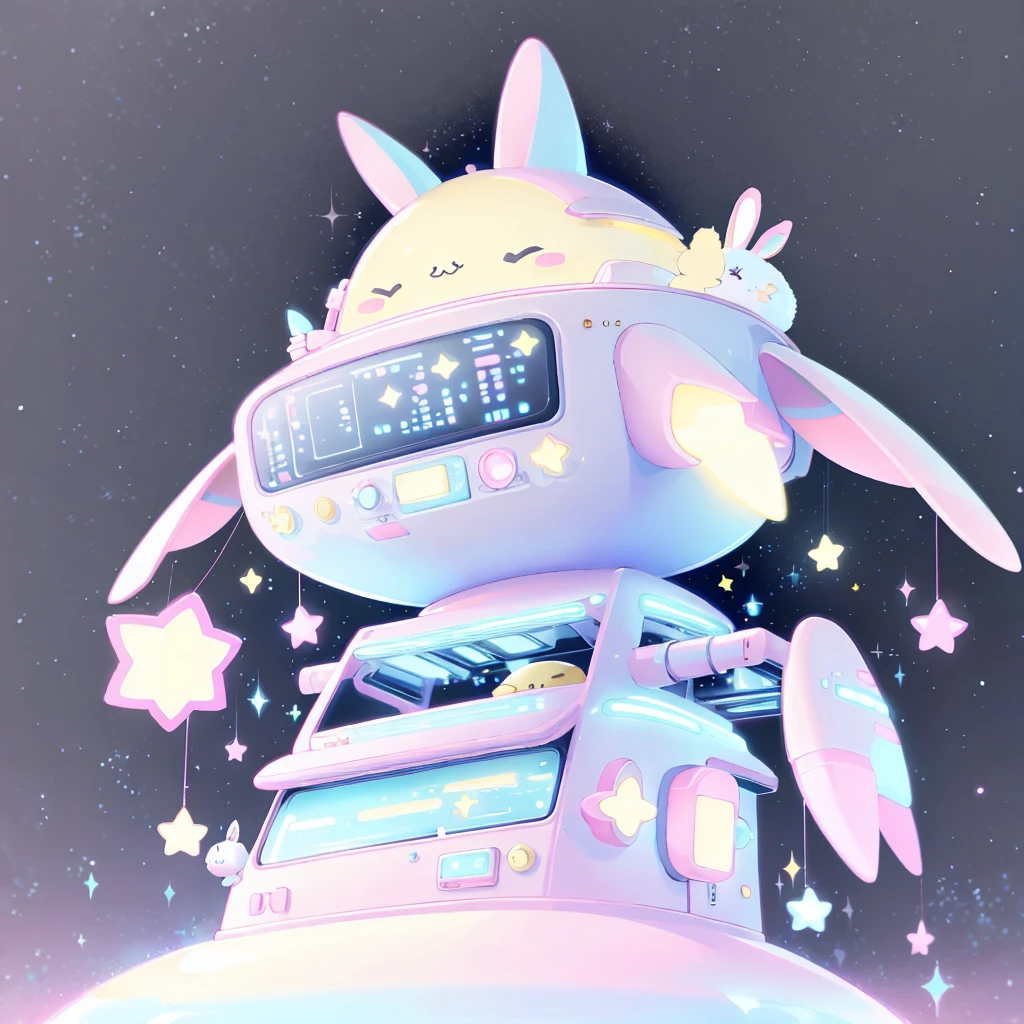 A futuristic flying star-shaped pastel-colored vehicle、❤、★、❤★❤🐇wing、Spaceship、kawaii tech,No people、rabbit