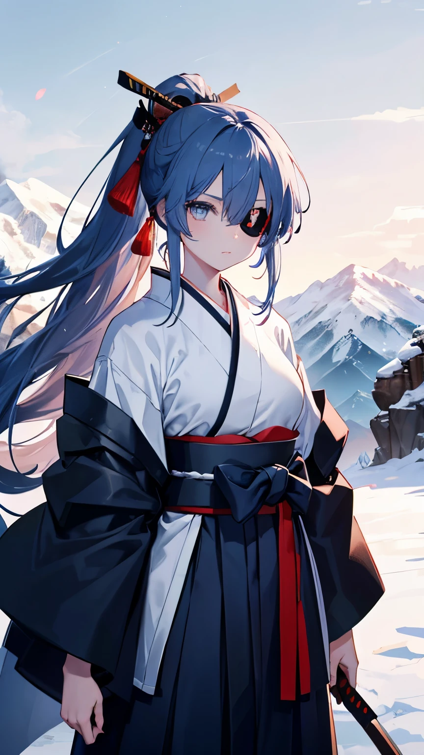 ,girl,Best image quality,,Iron-colored hair,Eye patch,Iron-colored eyes,,White skin,Long Hair,ponytail,Gardenia,Red Moon,Samurai,Two swords at his waist,Mountain trail,Navy blue hakama,Sarashi,,kimono,