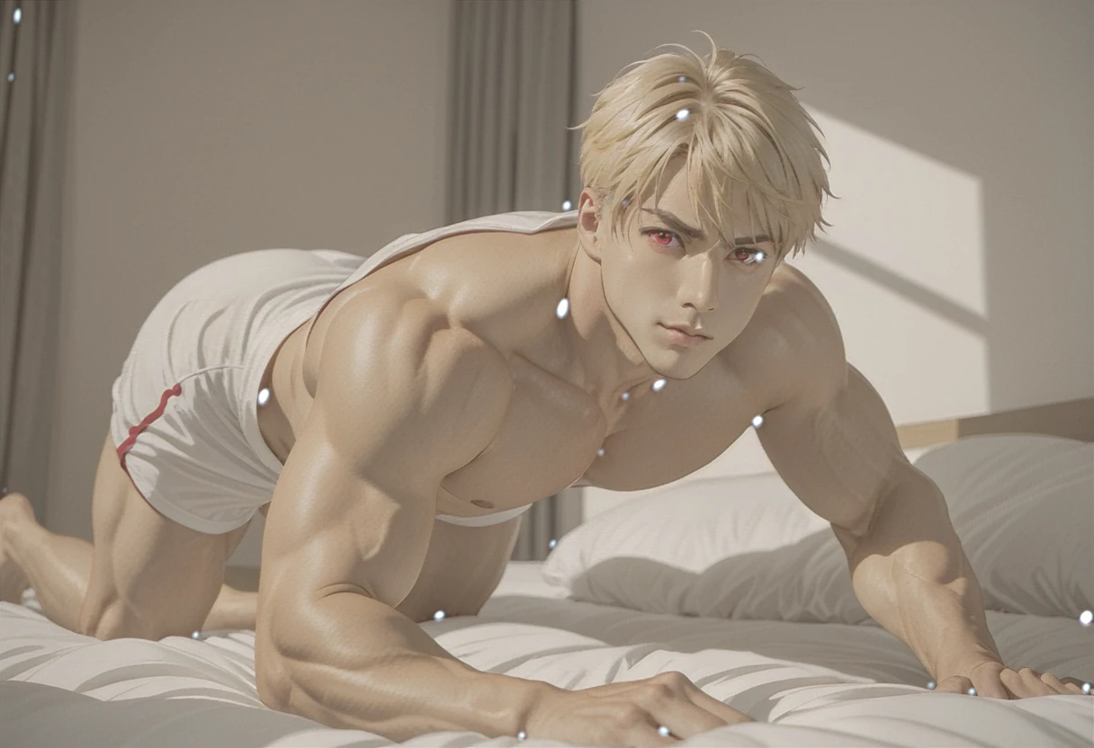 Man, blonde, red eyes, medium-short hair, muscular, on bed, on all fours